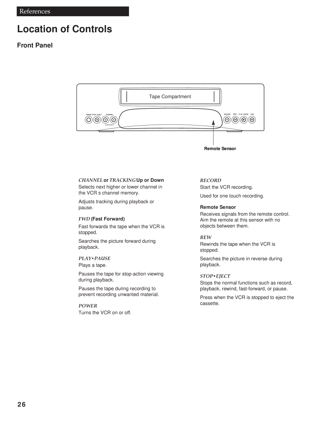 RCA VG4251 manual Location of Controls, Front Panel, Tape Compartment, FWD Fast Forward, Remote Sensor 