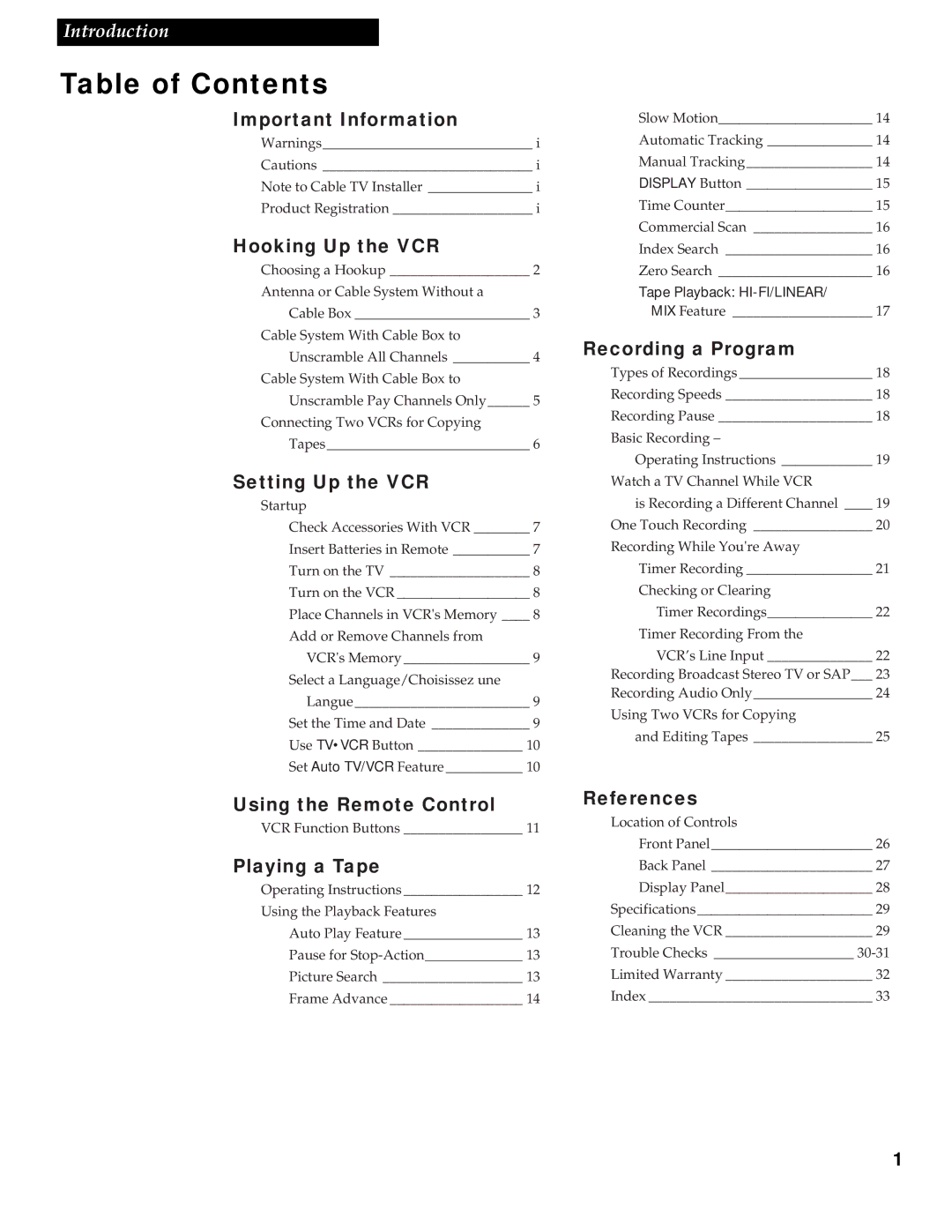 RCA VG4251 manual Table of Contents 