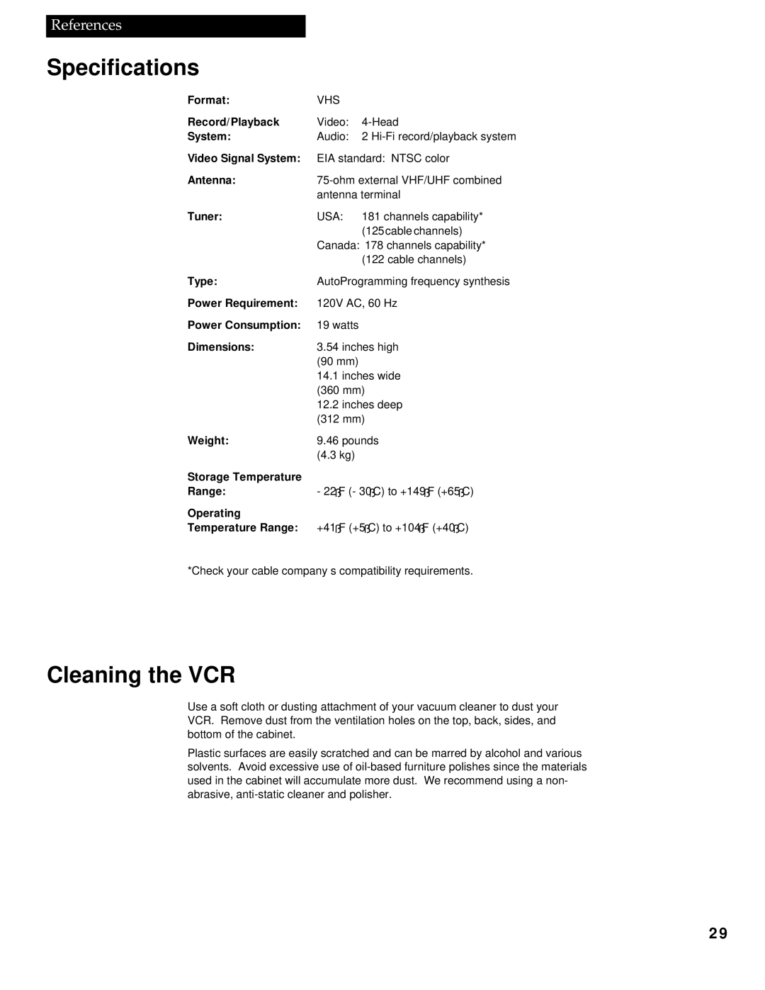 RCA VG4251 manual Specifications, Cleaning the VCR 