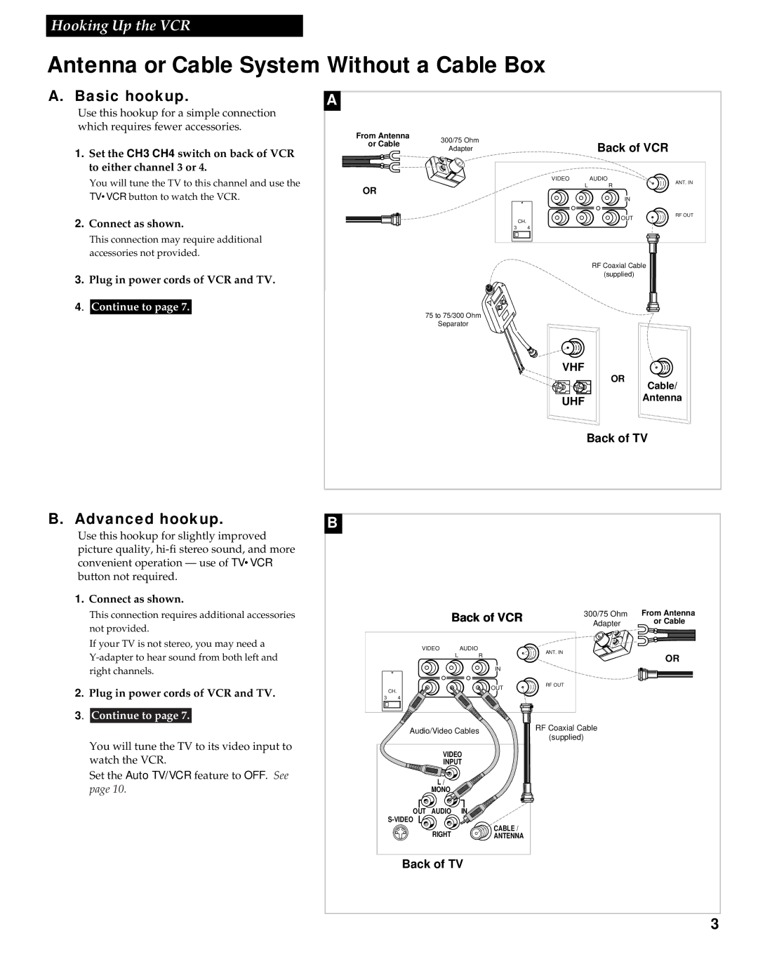 RCA VG4251 manual Antenna or Cable System Without a Cable Box, Basic hookup, Advanced hookup, Connect as shown 