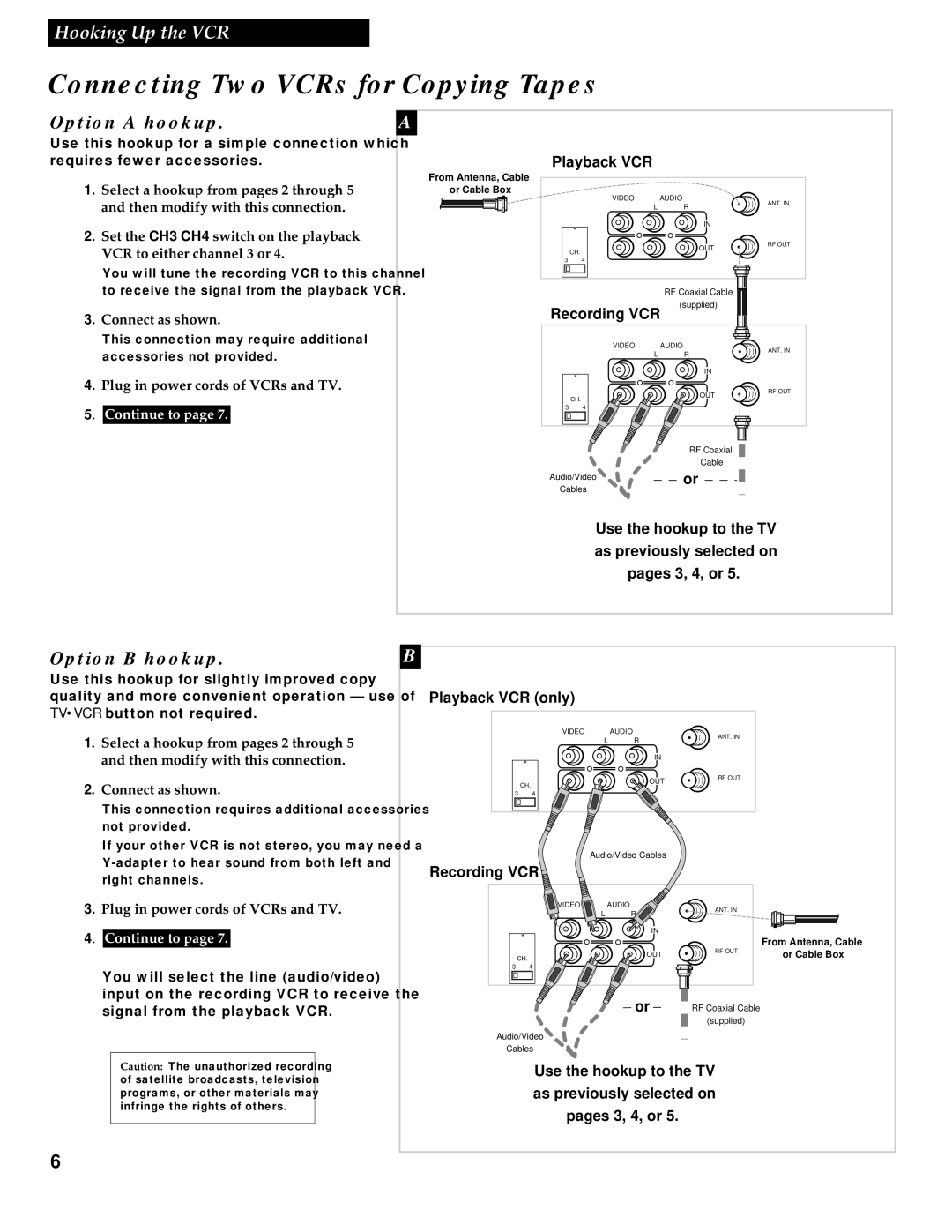 RCA VG4251 Connecting Two VCRs for Copying Tapes, Option a hookup, Option B hookup, Plug in power cords of VCRs and TV 