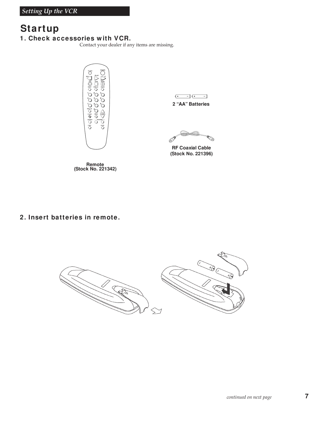 RCA VG4251 manual Startup, Check accessories with VCR, Insert batteries in remote 