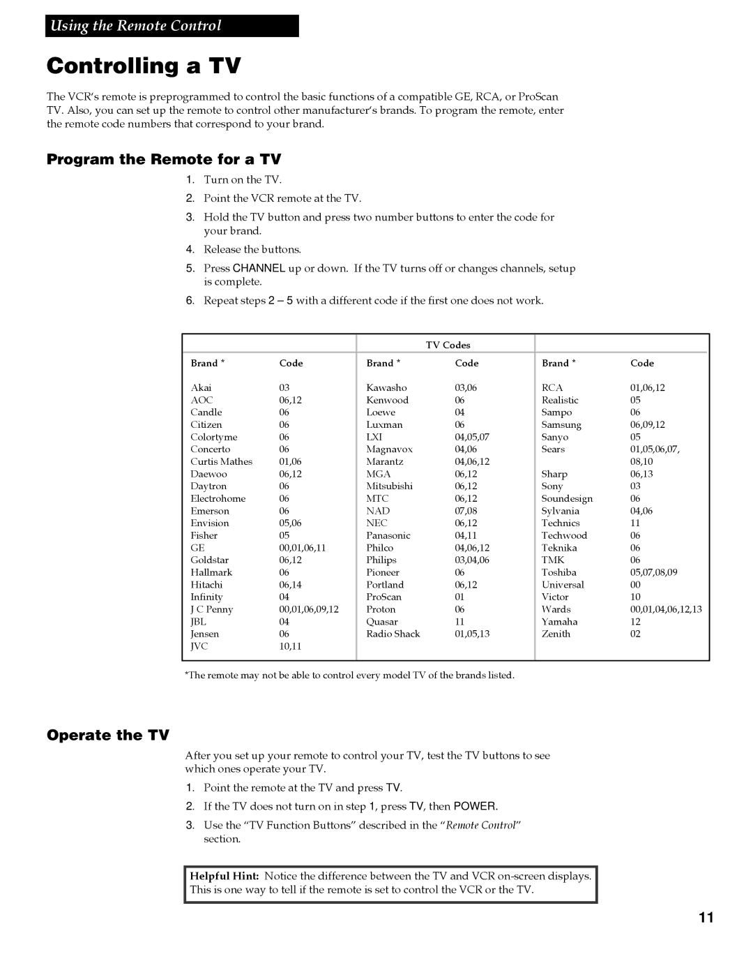 RCA VG4259 manual Controlling a TV, Program the Remote for a TV, Operate the TV 