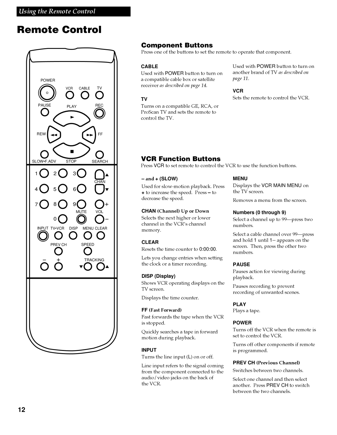 RCA VG4259 manual Remote Control, Component Buttons, VCR Function Buttons 