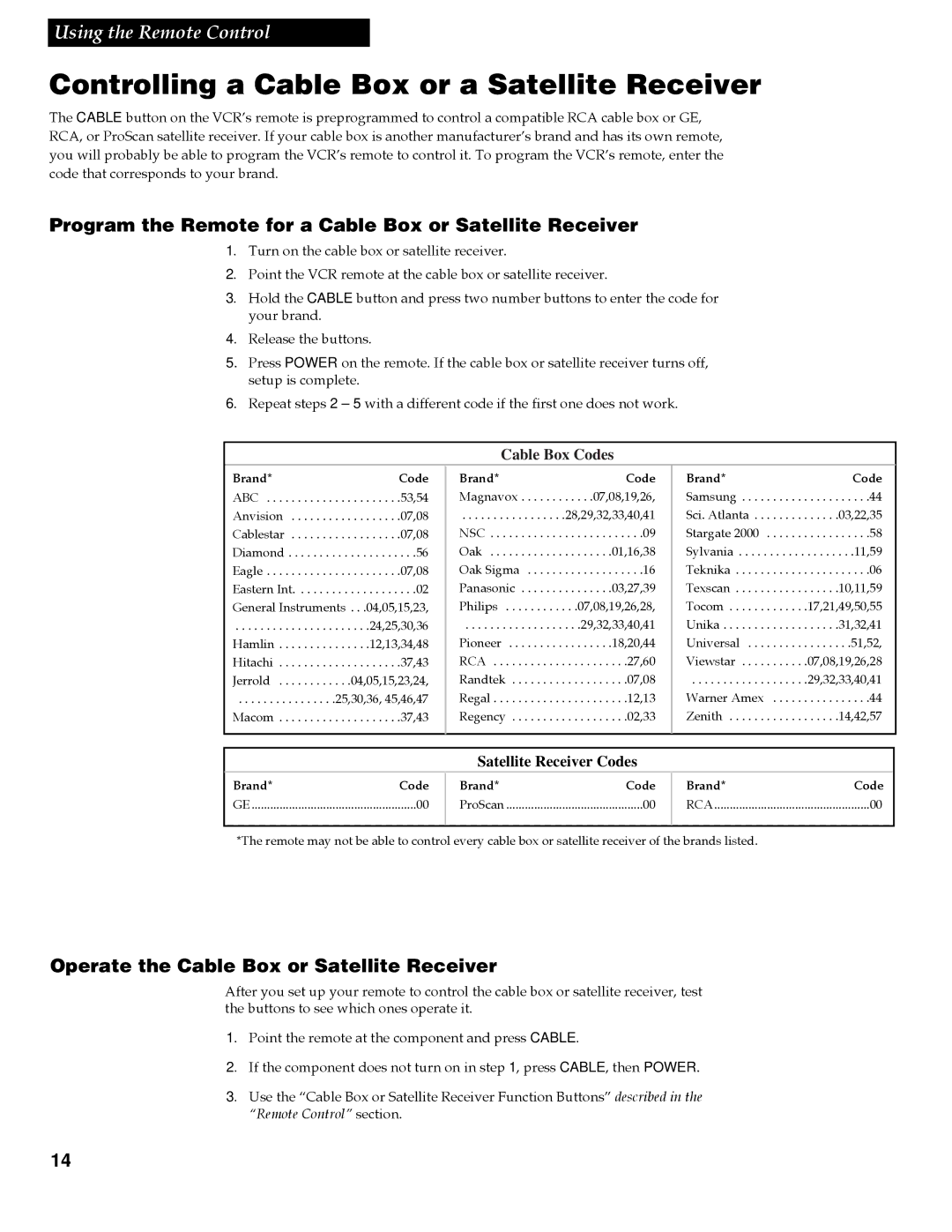 RCA VG4259 manual Controlling a Cable Box or a Satellite Receiver, Program the Remote for a Cable Box or Satellite Receiver 