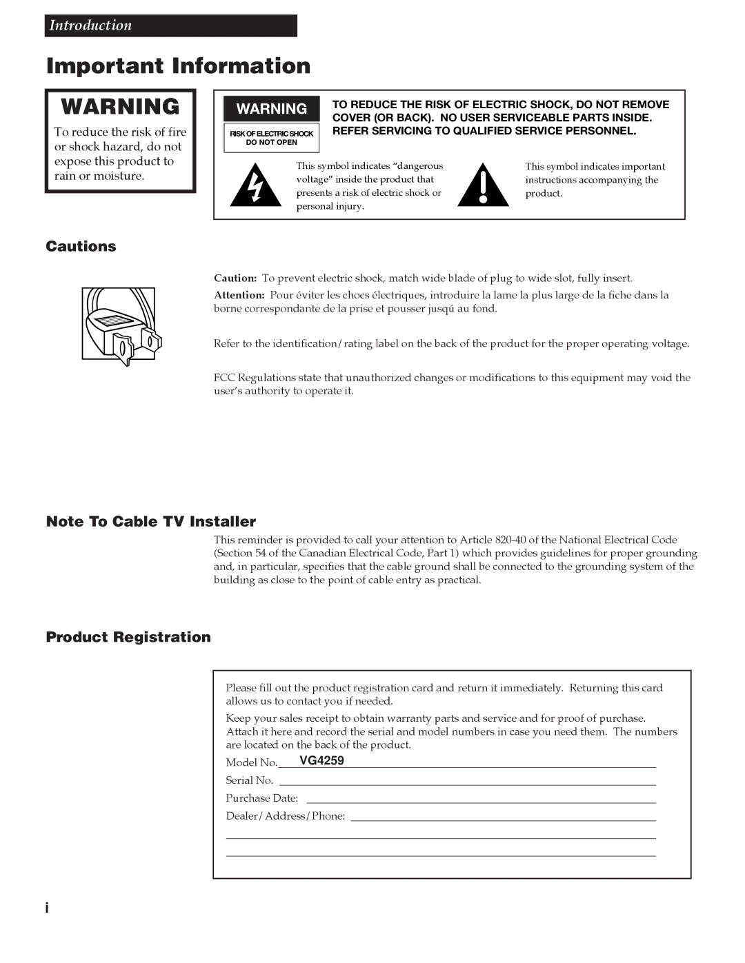 RCA VG4259 manual Important Information, Product Registration 