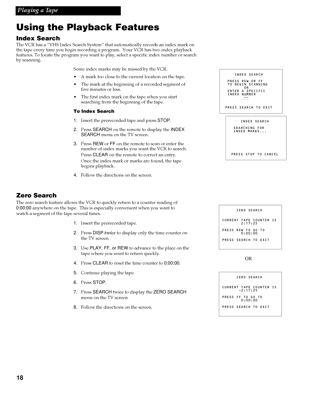 RCA VG4259 manual Zero Search, To Index Search 