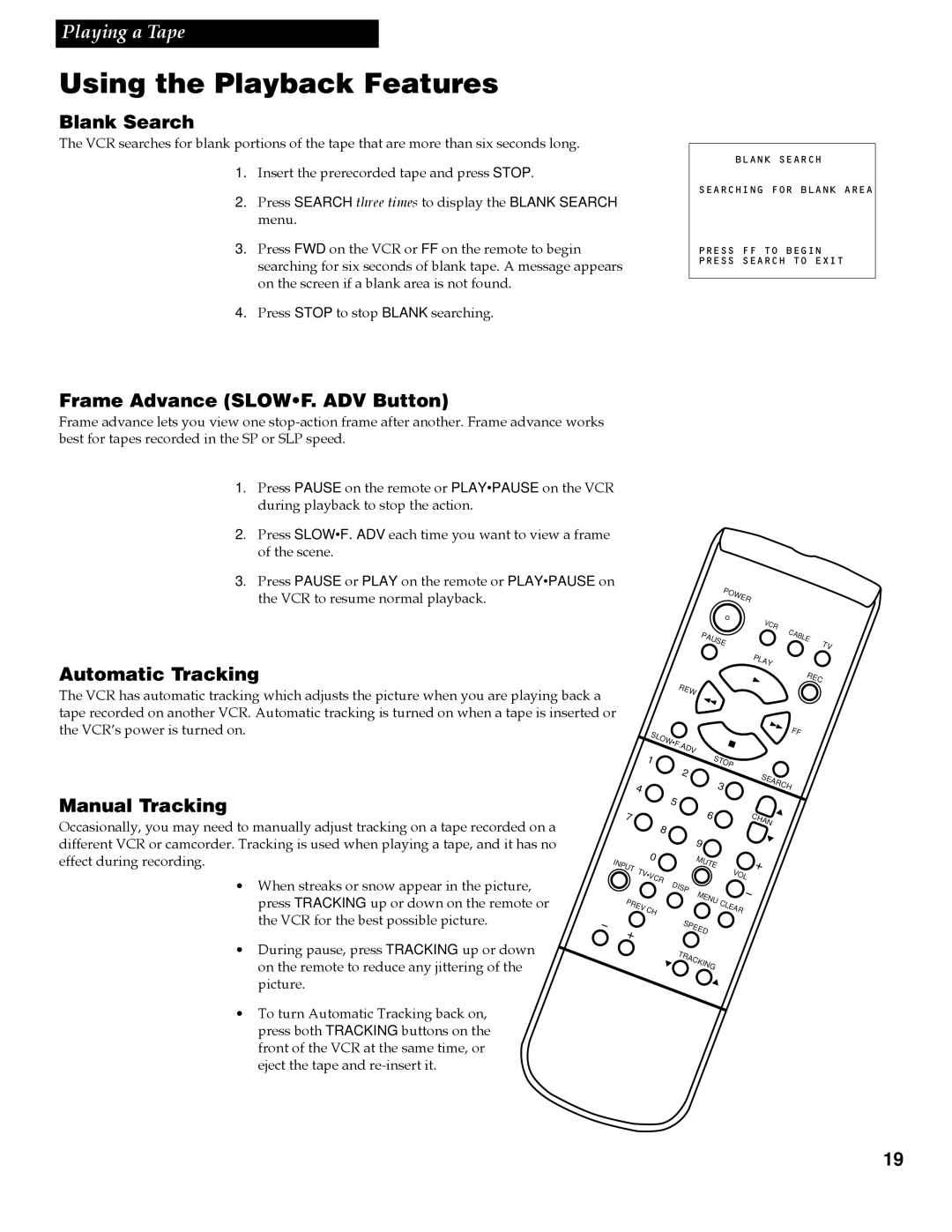 RCA VG4259 manual Blank Search, Frame Advance SLOWF. ADV Button, Automatic Tracking, Manual Tracking 