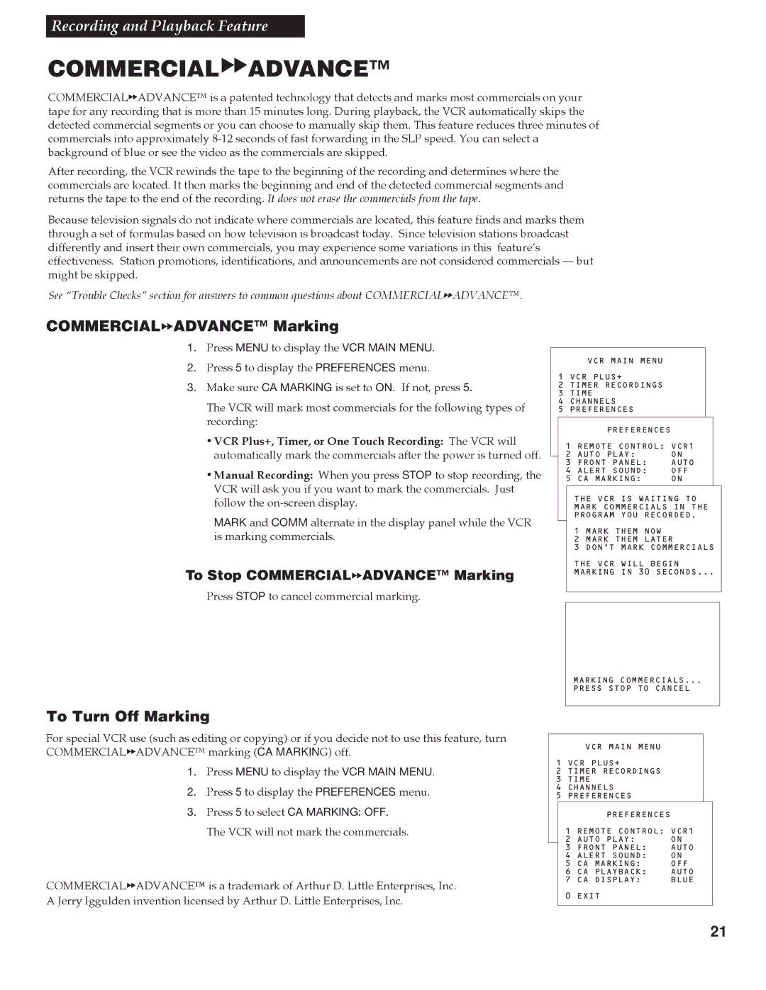 RCA VG4259 manual Commercialaadvance Marking, To Turn Off Marking 