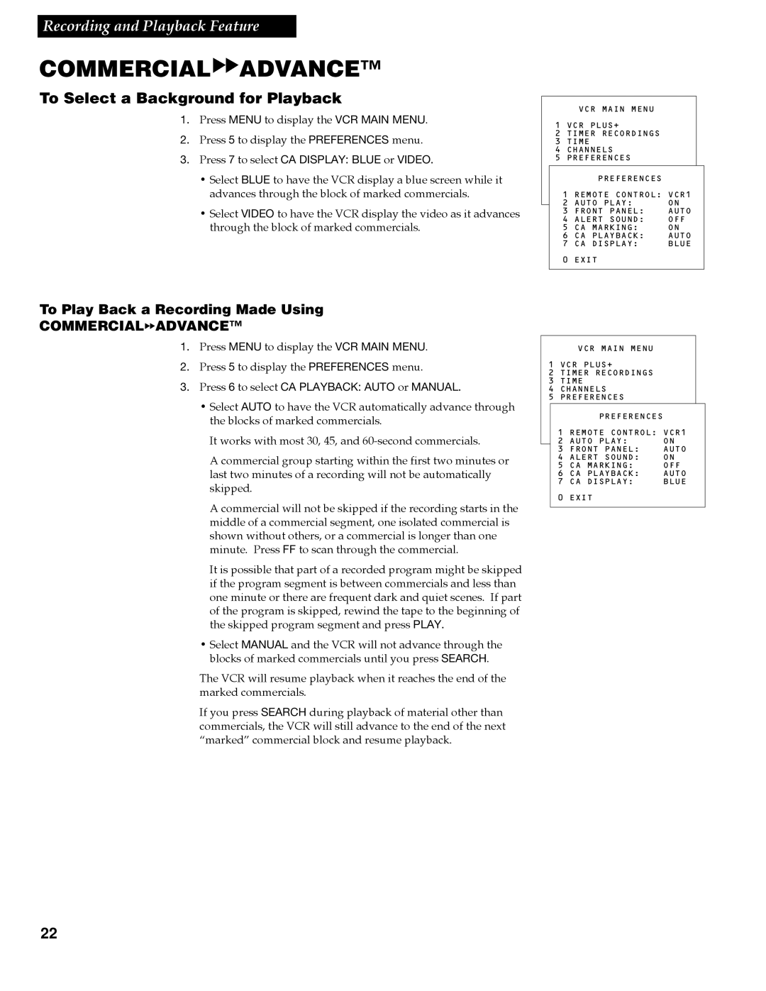 RCA VG4259 manual To Select a Background for Playback, Commercialaadvance 