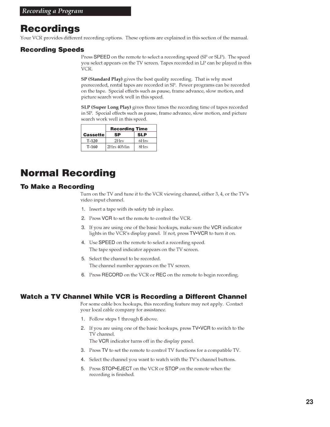 RCA VG4259 manual Recordings, Normal Recording, Recording Speeds, To Make a Recording 