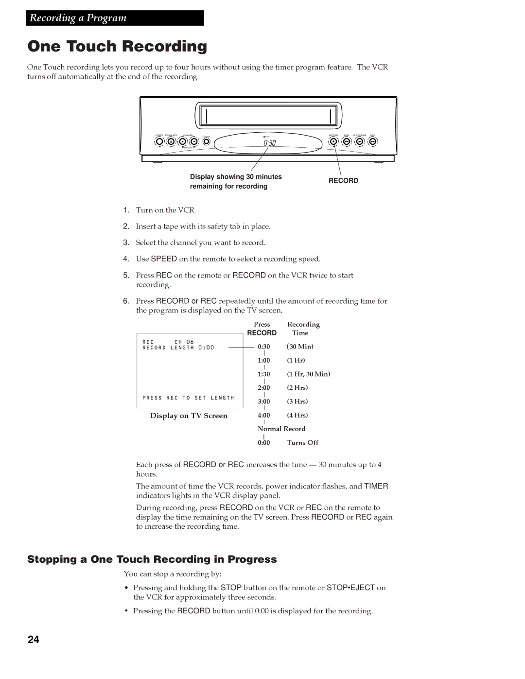 RCA VG4259 manual Stopping a One Touch Recording in Progress, Display on TV Screen 