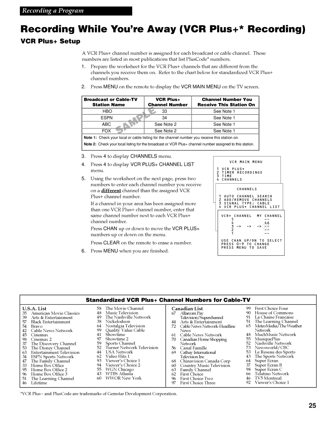 RCA VG4259 manual Recording While You’re Away VCR Plus+* Recording, VCR Plus+ Setup, A. List, Canadian List 