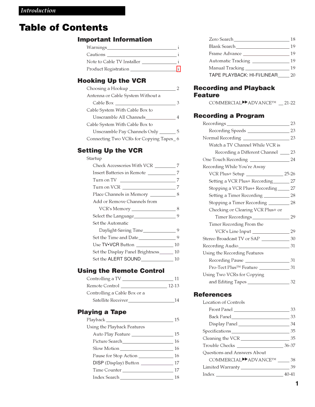 RCA VG4259 manual Table of Contents 