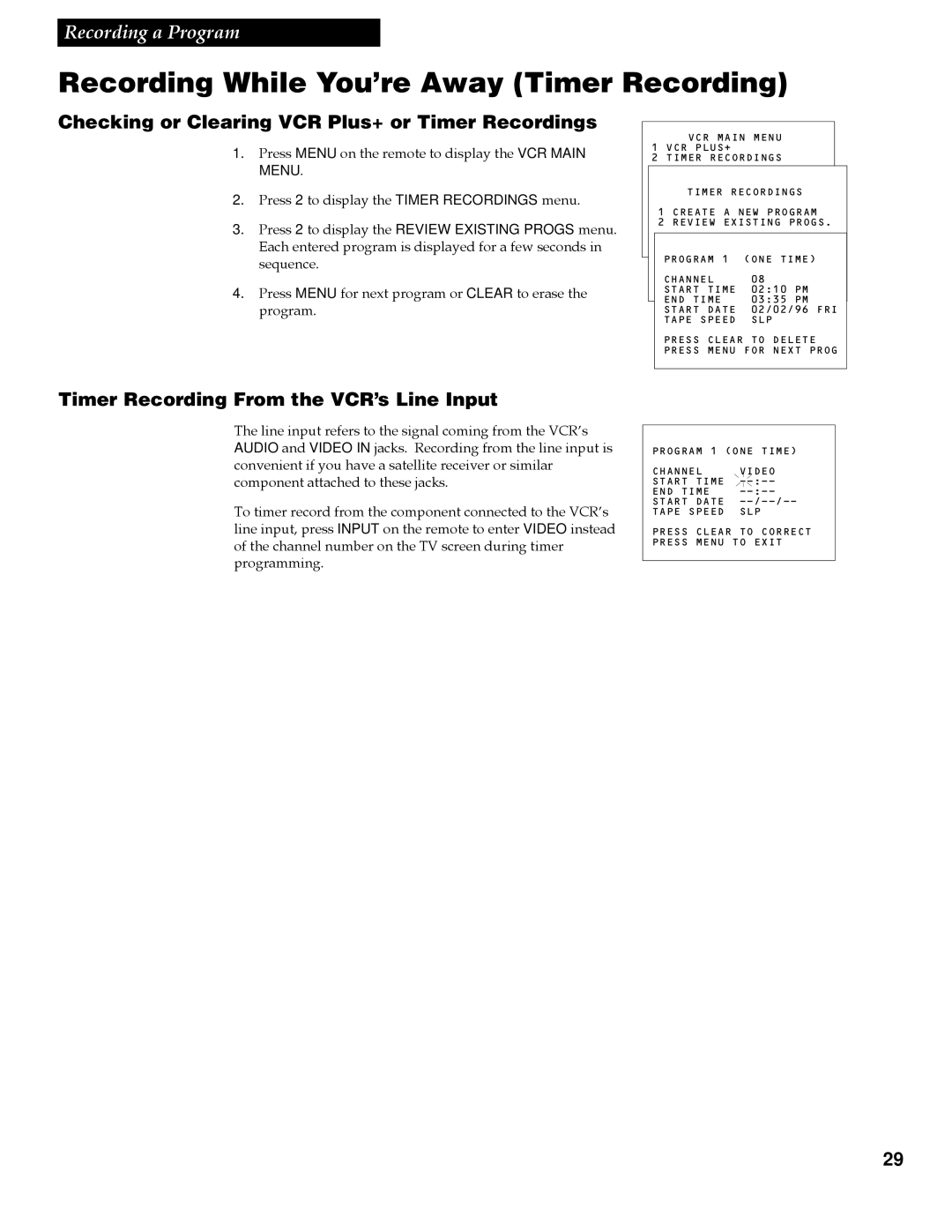 RCA VG4259 manual Checking or Clearing VCR Plus+ or Timer Recordings, Timer Recording From the VCR’s Line Input 