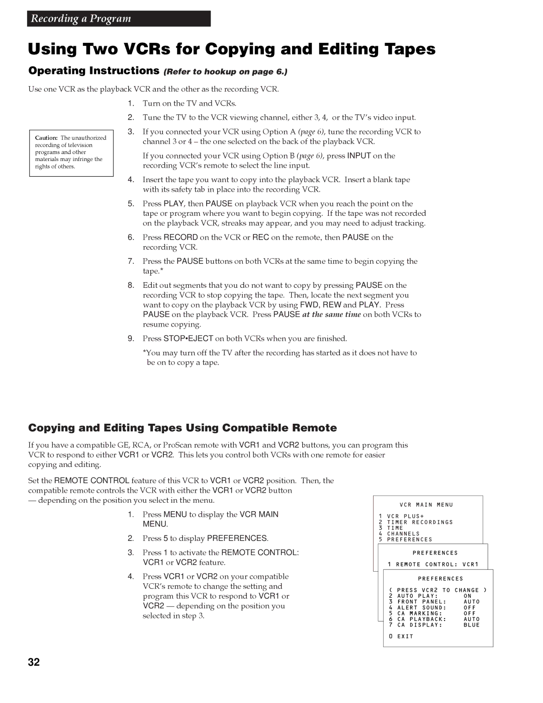 RCA VG4259 manual Using Two VCRs for Copying and Editing Tapes, Copying and Editing Tapes Using Compatible Remote 