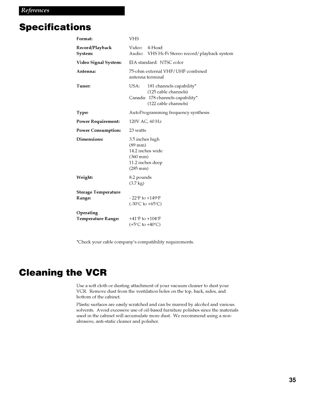 RCA VG4259 manual Specifications, Cleaning the VCR 