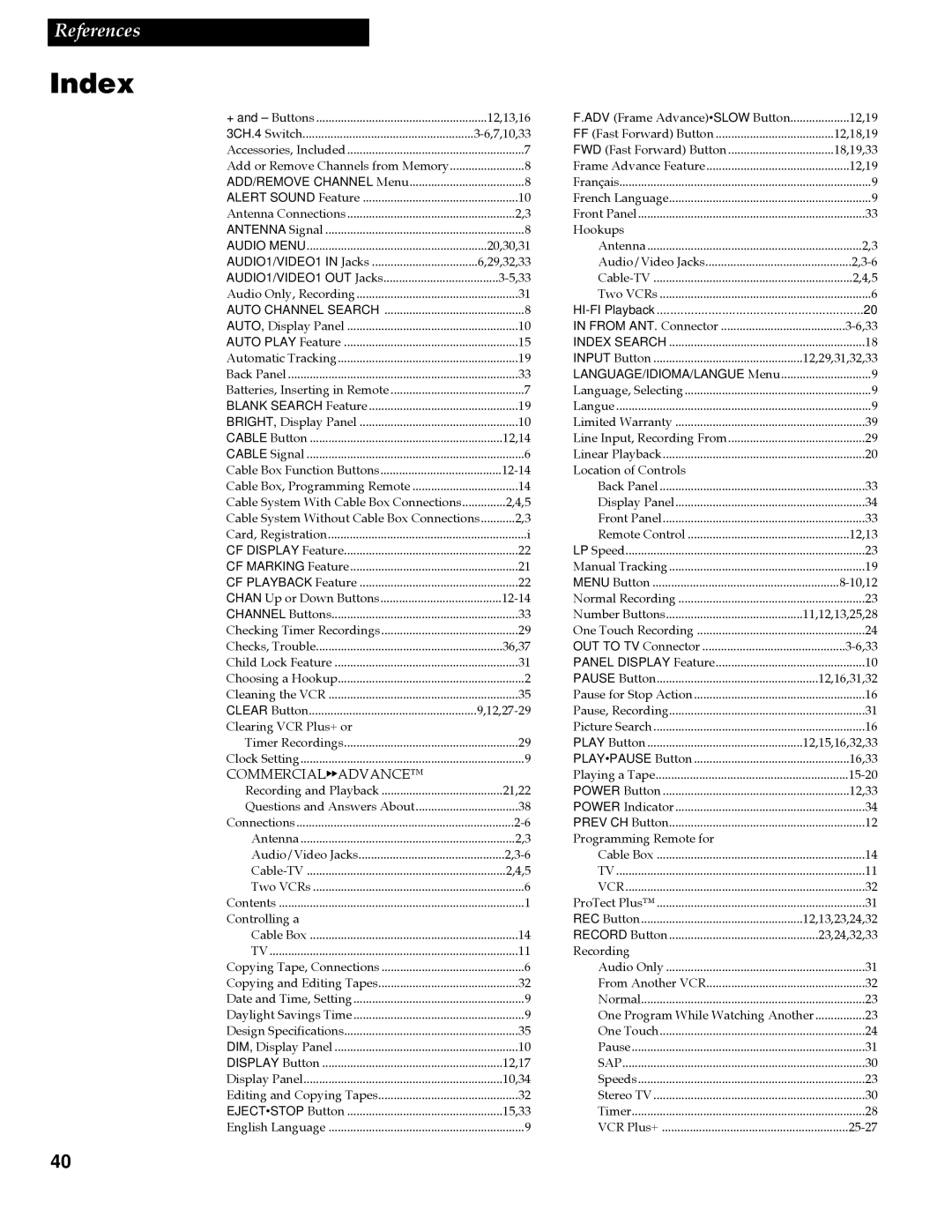 RCA VG4259 manual Index, 12,13,16 