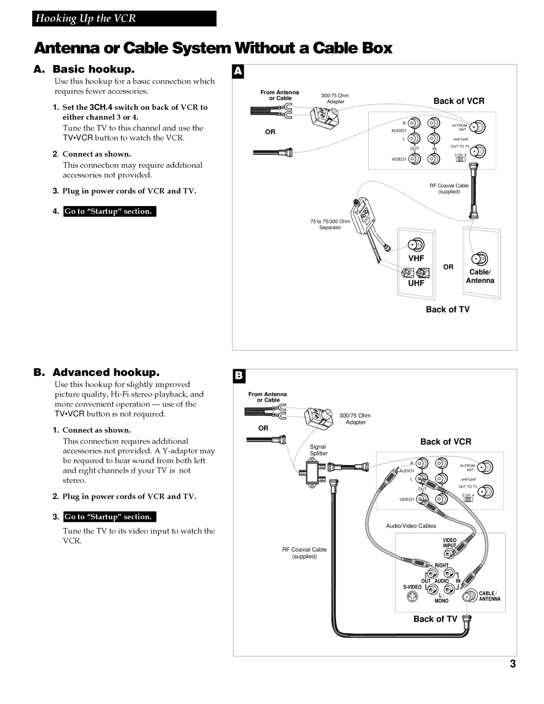 RCA VG4259 manual Antenna or Cable System Without a Cable Box, Basic hookup, Advanced hookup 