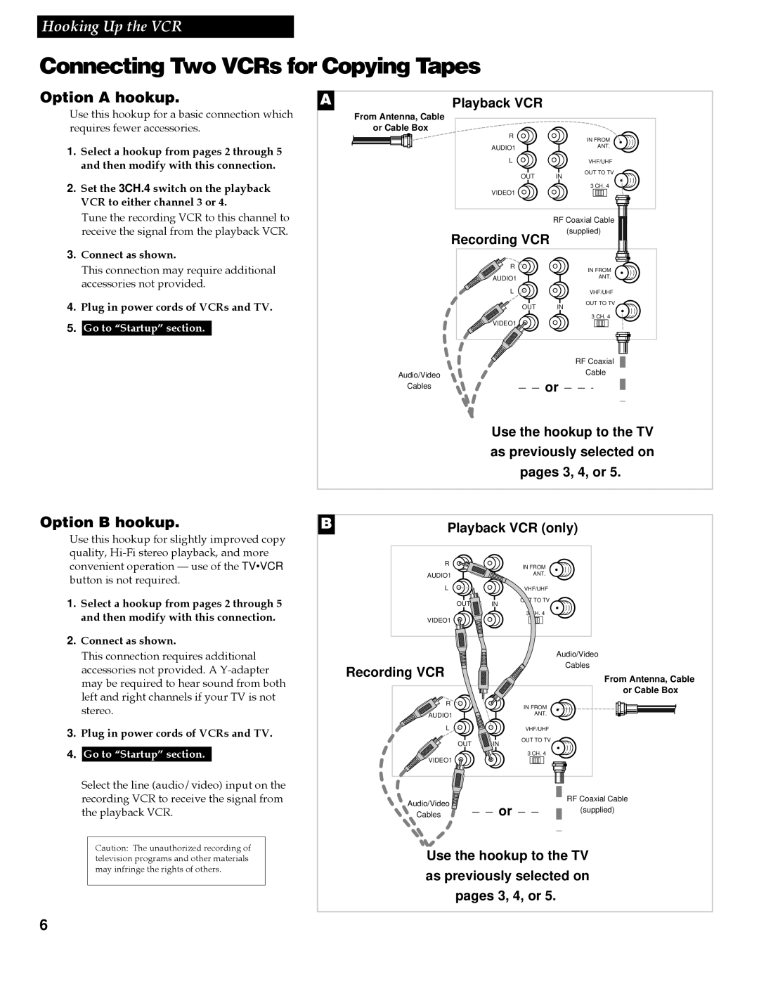 RCA VG4259 Connecting Two VCRs for Copying Tapes, Option a hookup, Option B hookup, Plug in power cords of VCRs and TV 