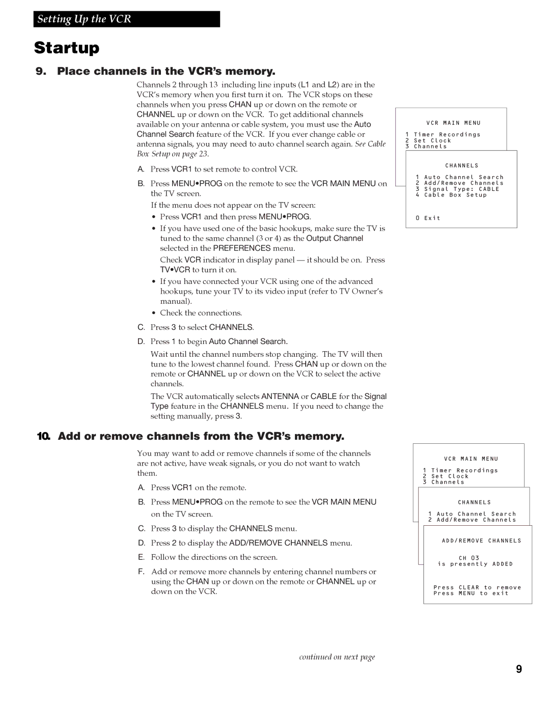 RCA VGM300 manual Place channels in the VCR’s memory, Add or remove channels from the VCR’s memory 