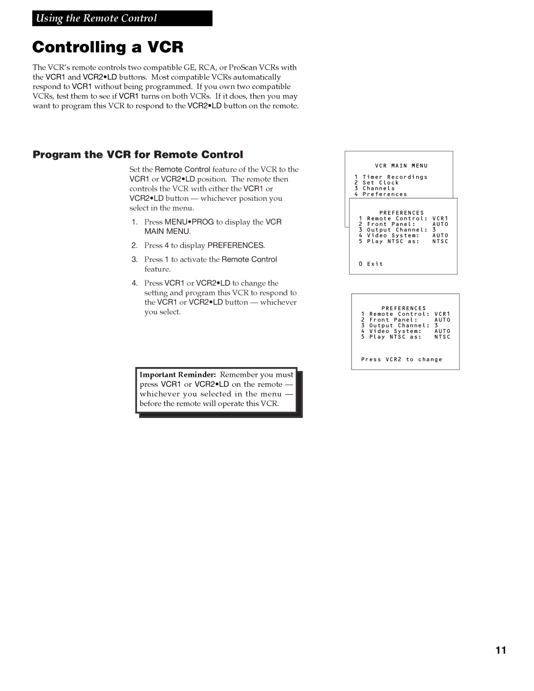 RCA VGM300 manual Controlling a VCR, Program the VCR for Remote Control 