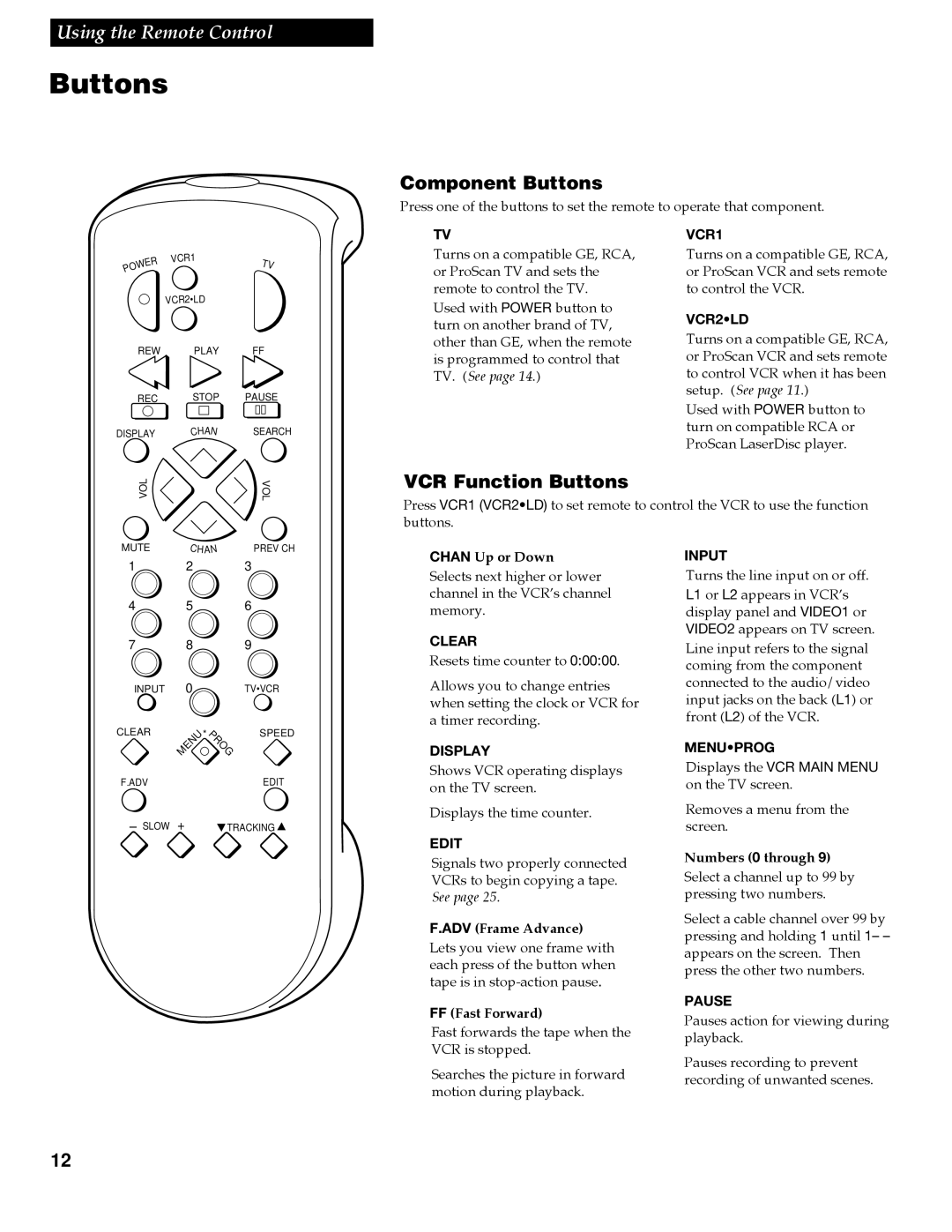 RCA VGM300 manual Component Buttons, VCR Function Buttons 