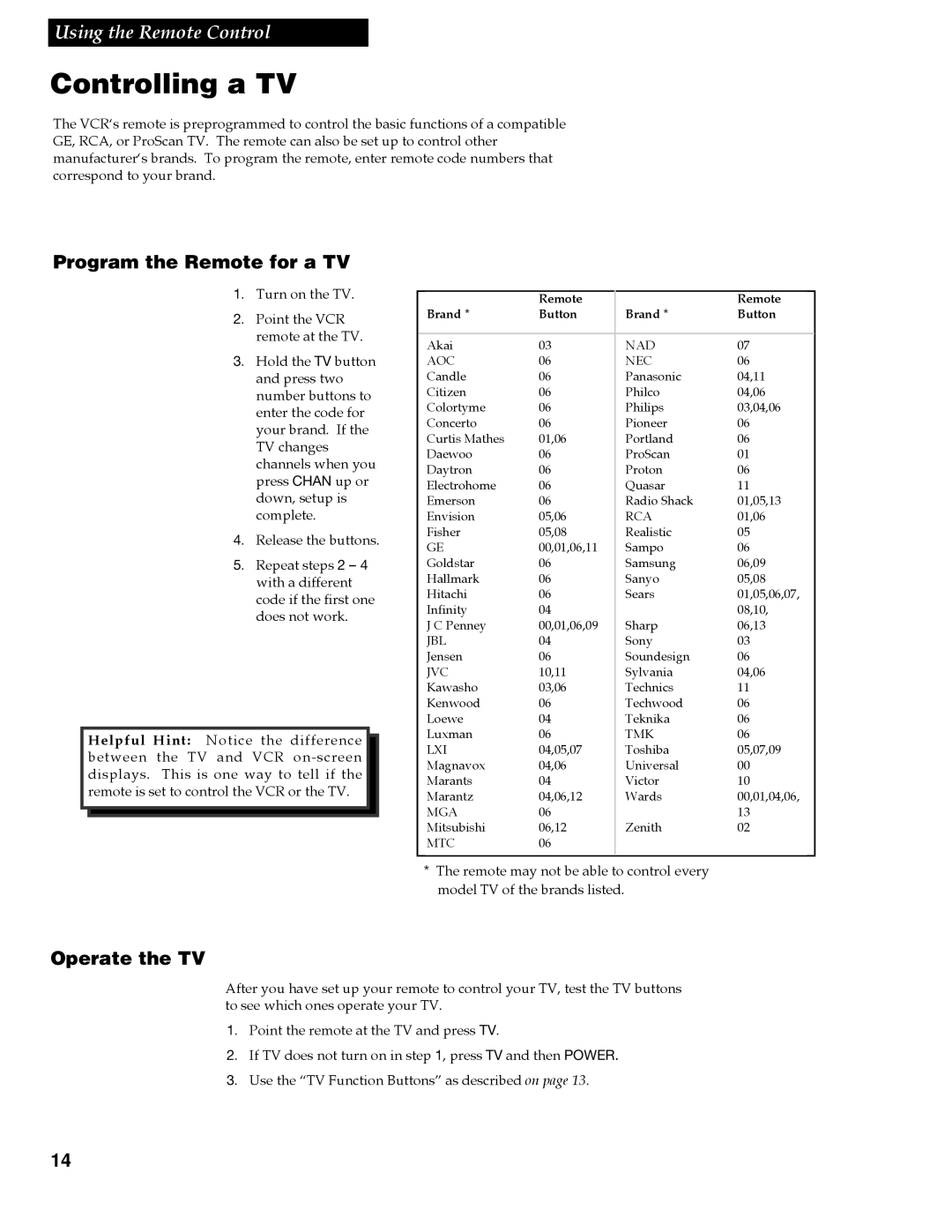 RCA VGM300 manual Controlling a TV, Program the Remote for a TV, Operate the TV 