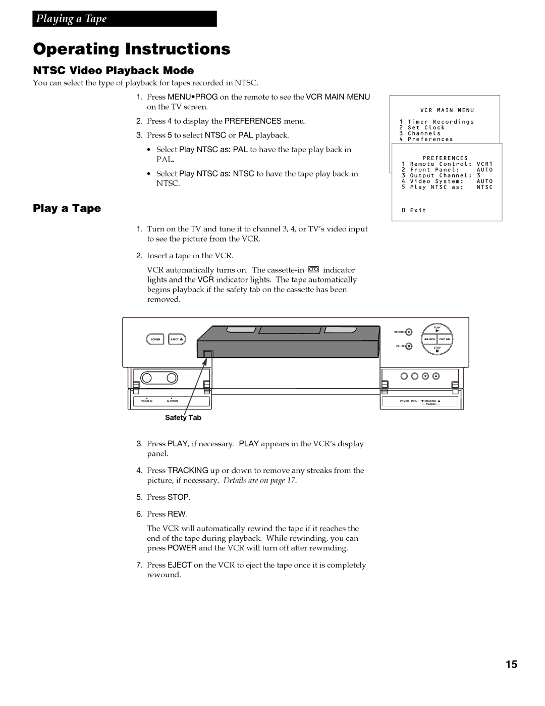 RCA VGM300 manual Operating Instructions, Ntsc Video Playback Mode, Play a Tape 