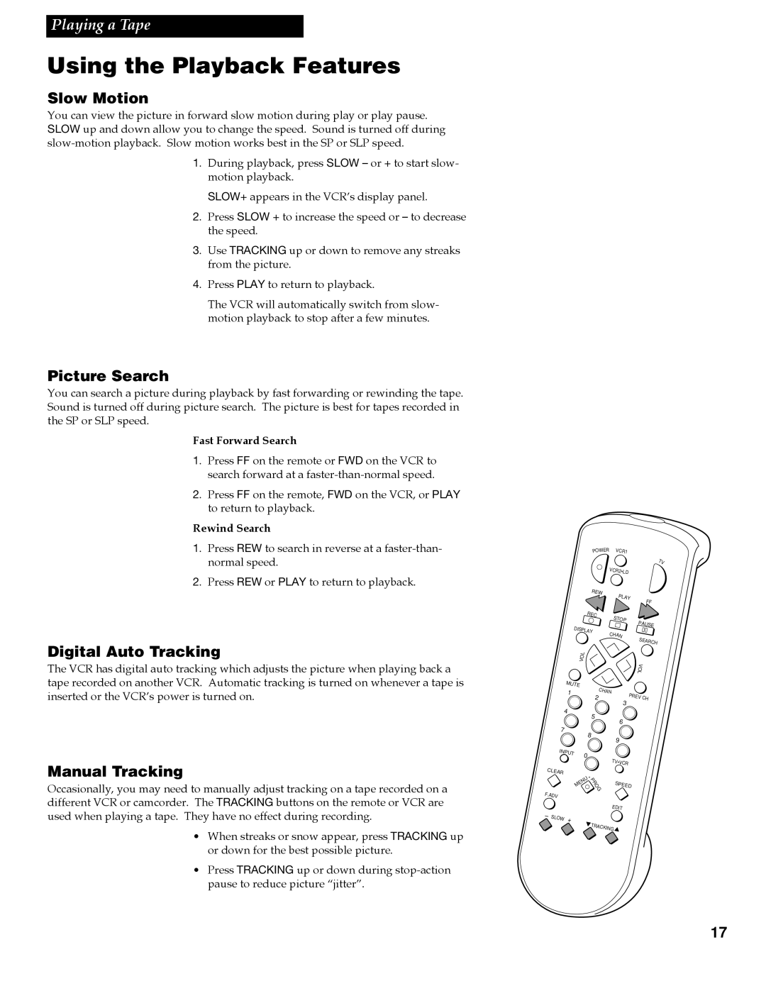 RCA VGM300 manual Slow Motion, Picture Search, Digital Auto Tracking, Manual Tracking 