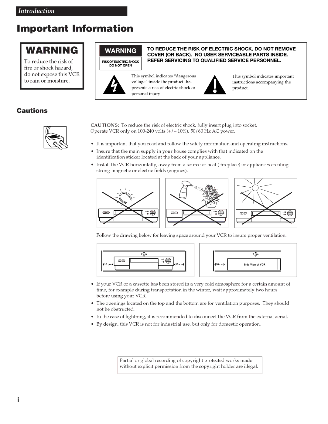 RCA VGM300 manual Important Information, Refer Servicing to Qualified Service Personnel 