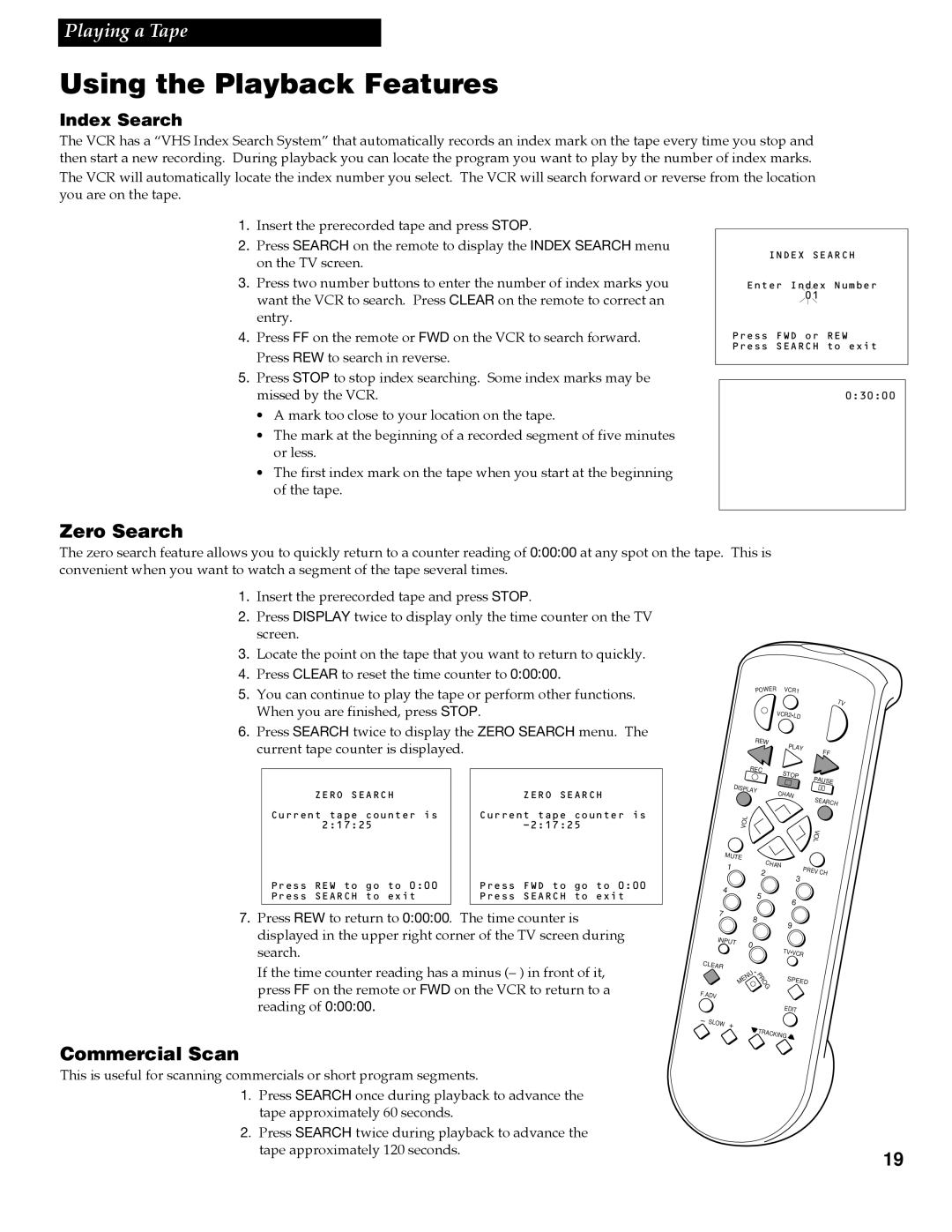 RCA VGM300 manual Zero Search, Commercial Scan, When you are finished, press Stop, Current tape counter is displayed 