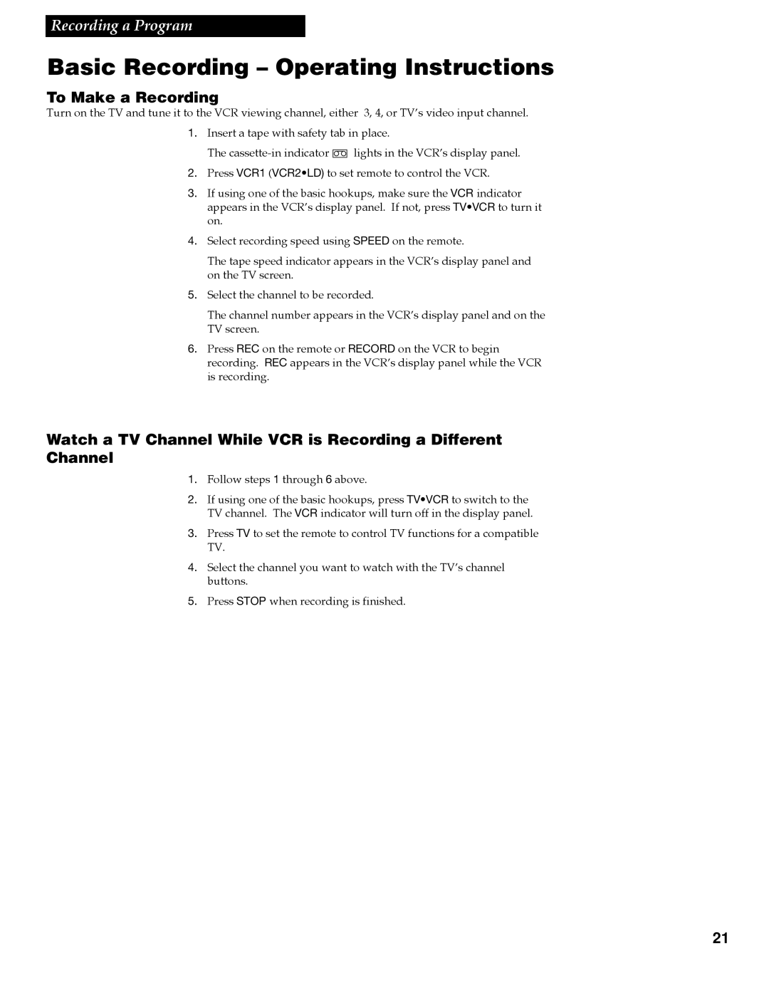 RCA VGM300 manual Basic Recording Operating Instructions, To Make a Recording 