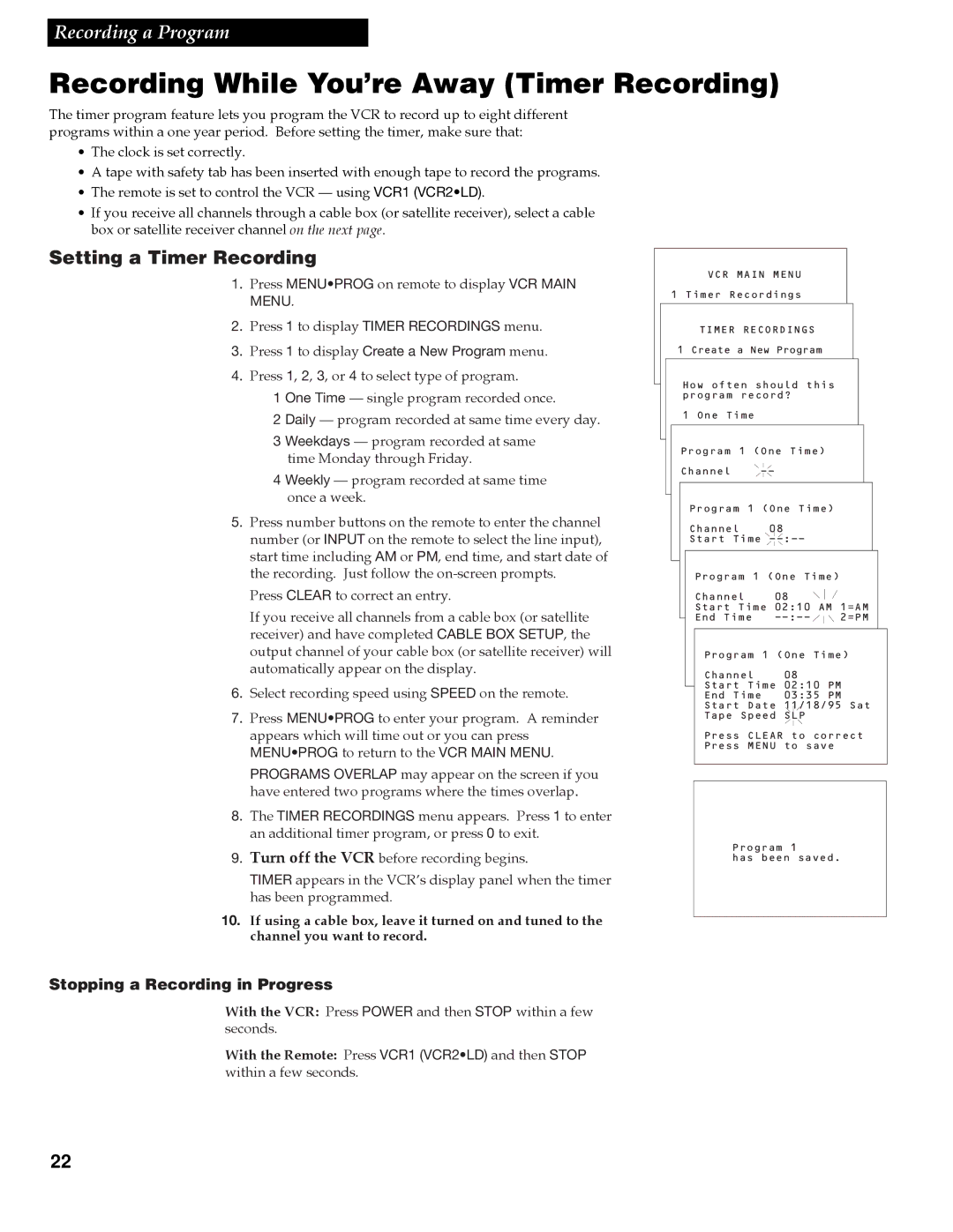 RCA VGM300 manual Recording While You’re Away Timer Recording, Setting a Timer Recording 