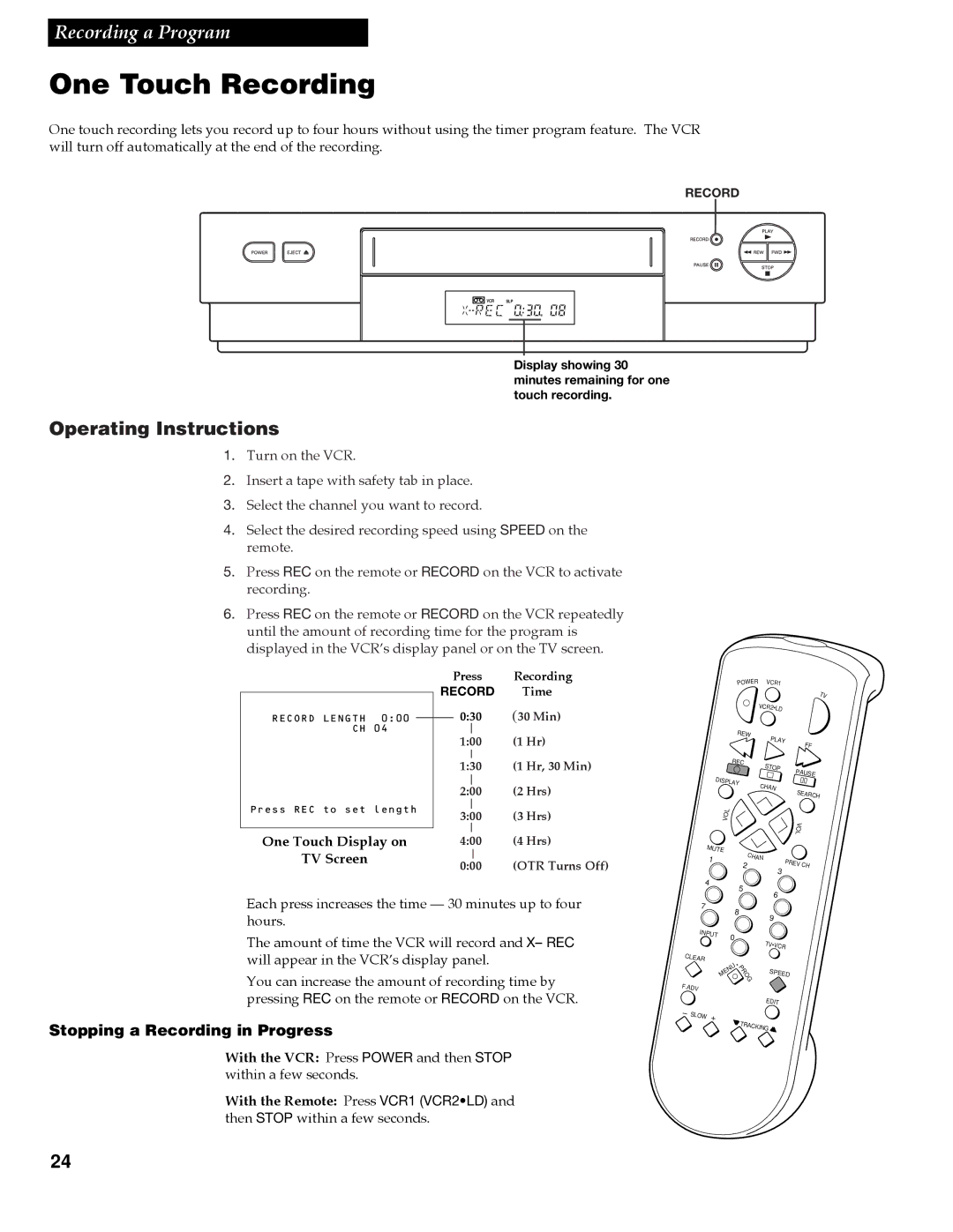 RCA VGM300 manual One Touch Recording, Operating Instructions, One Touch Display on TV Screen 