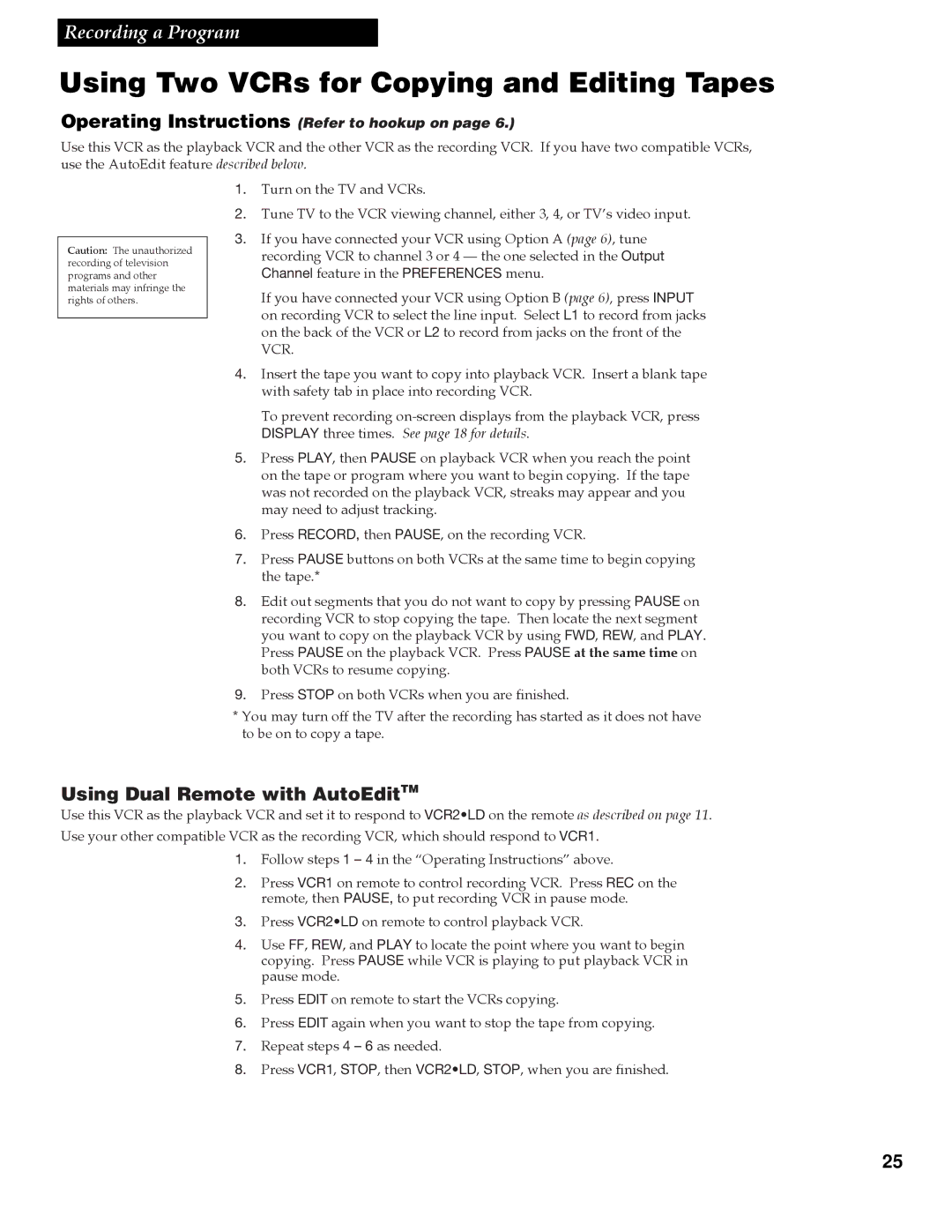 RCA VGM300 manual Using Two VCRs for Copying and Editing Tapes, Using Dual Remote with AutoEditTM 