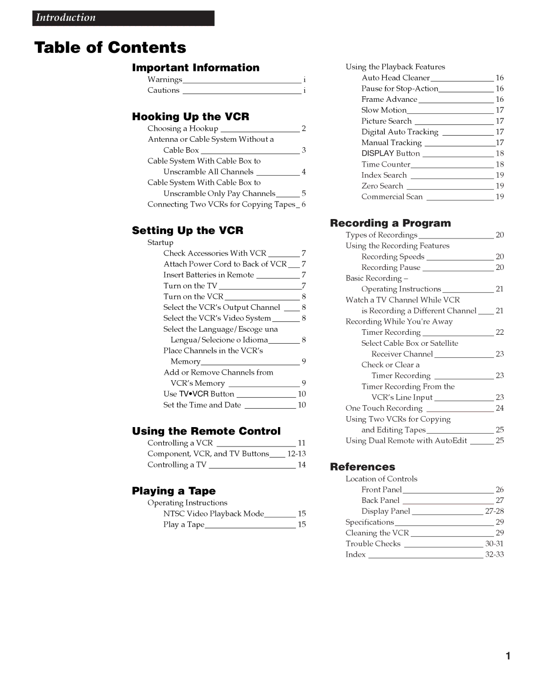 RCA VGM300 manual Table of Contents 