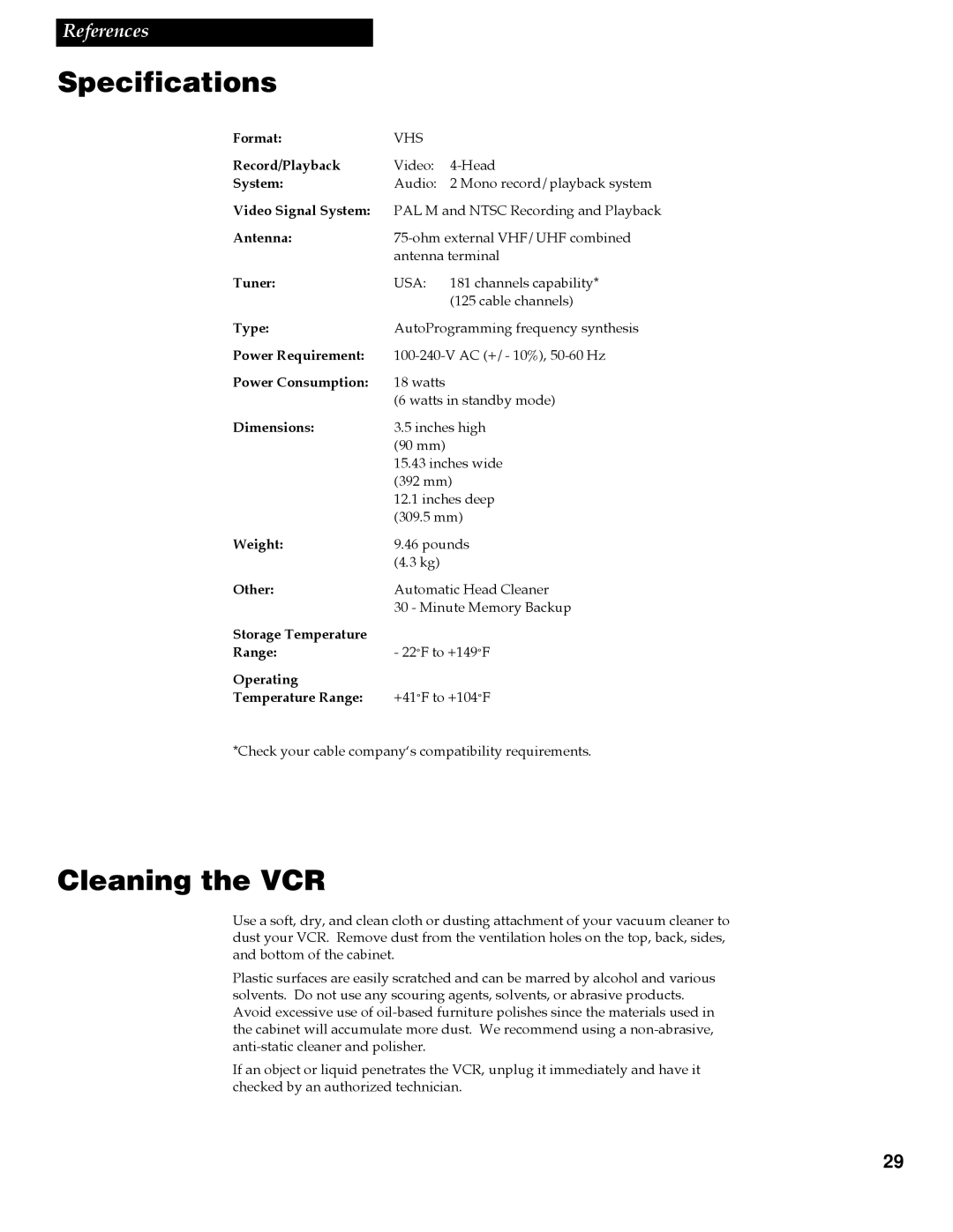 RCA VGM300 manual Specifications, Cleaning the VCR 