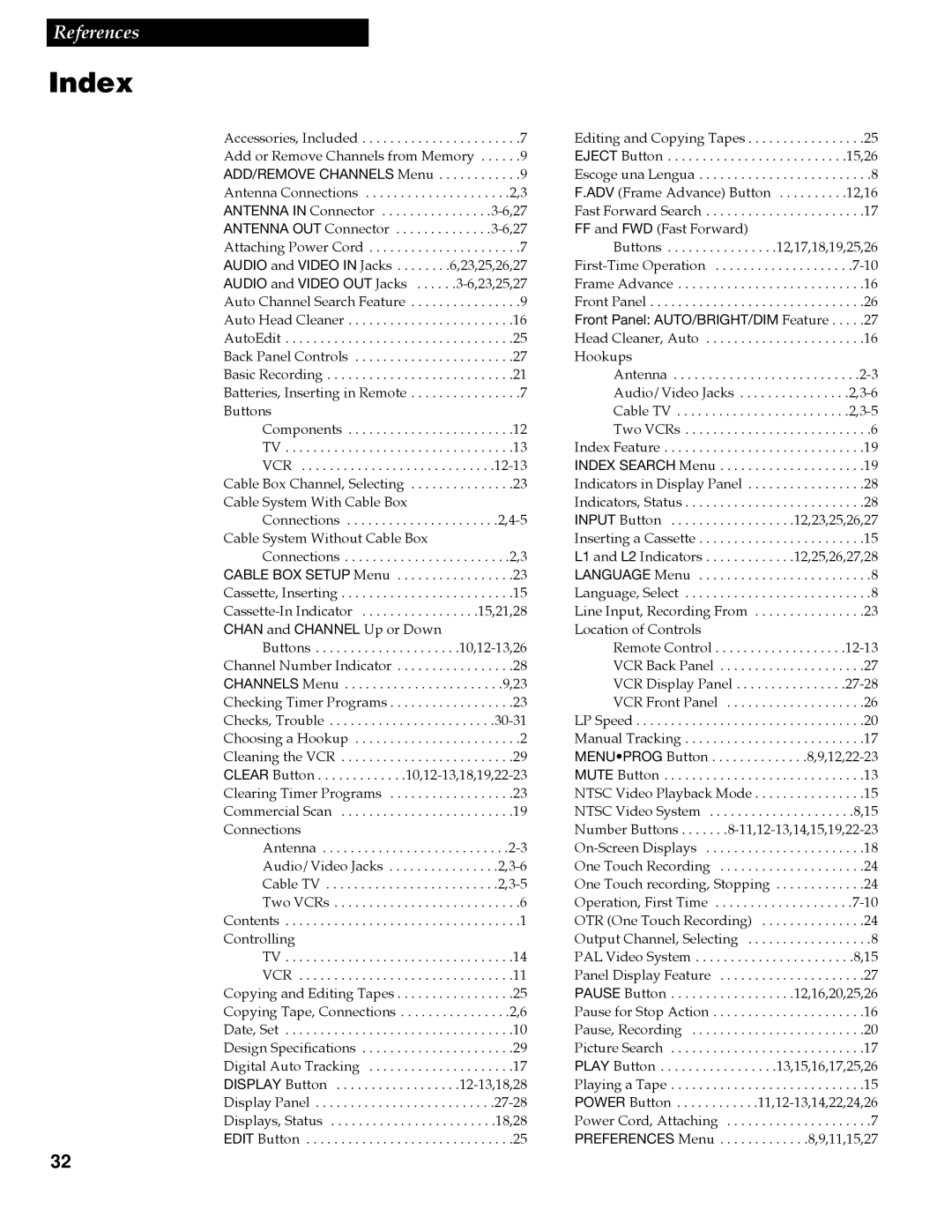 RCA VGM300 manual Index, FF and FWD Fast Forward 