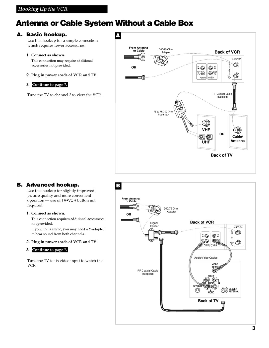 RCA VGM300 manual Antenna or Cable System Without a Cable Box, Basic hookup, Advanced hookup 