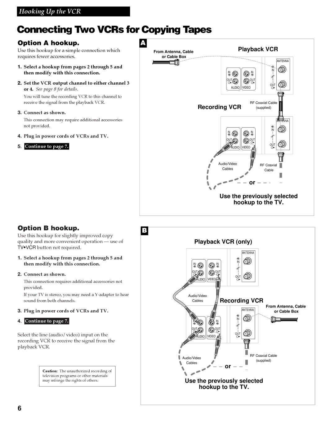 RCA VGM300 Connecting Two VCRs for Copying Tapes, Option a hookup, Option B hookup, Plug in power cords of VCRs and TV 