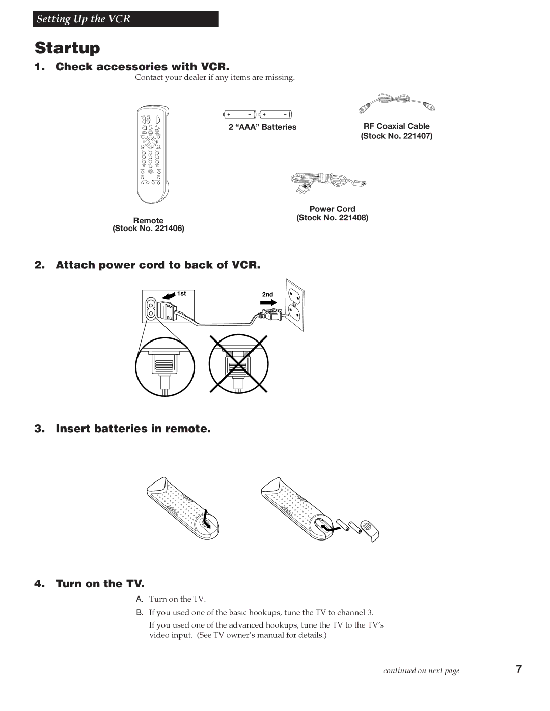 RCA VGM300 manual Startup, Check accessories with VCR, Attach power cord to back of VCR 