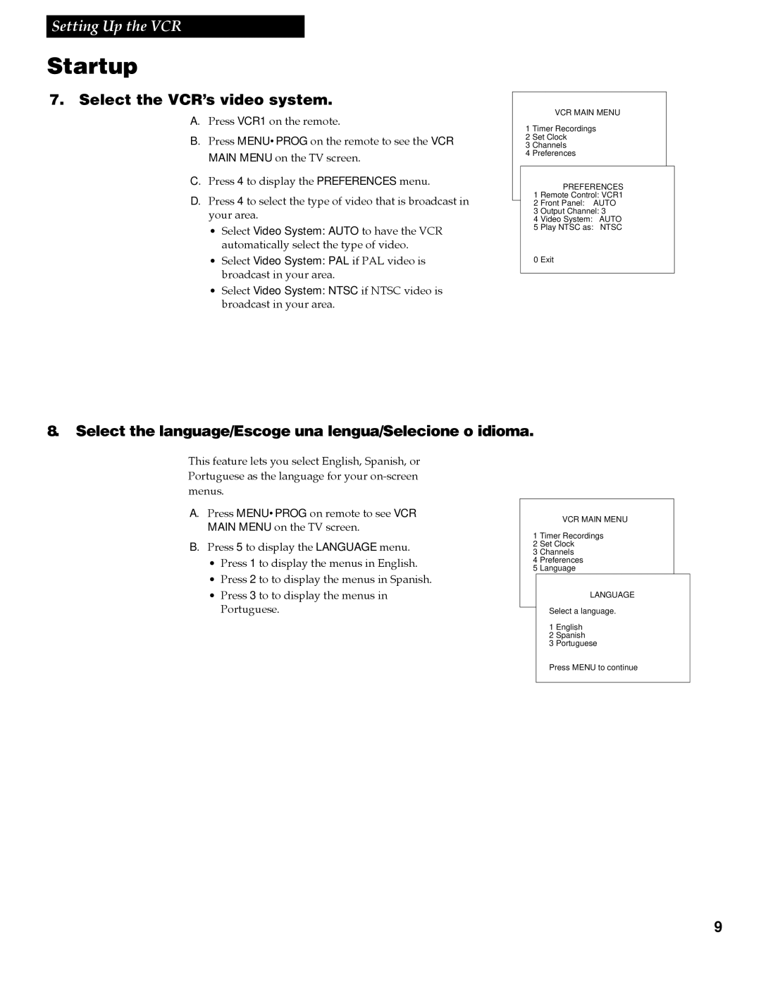 RCA VGM500 manual Select the VCR’s video system, Select the language/Escoge una lengua/Selecione o idioma 