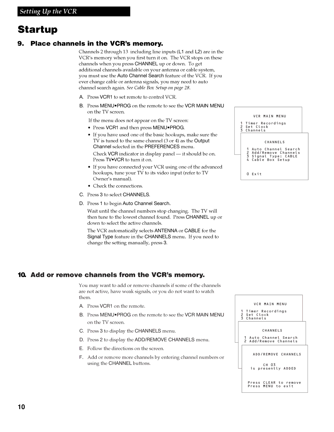 RCA VGM500 manual Place channels in the VCR’s memory, Add or remove channels from the VCR’s memory 