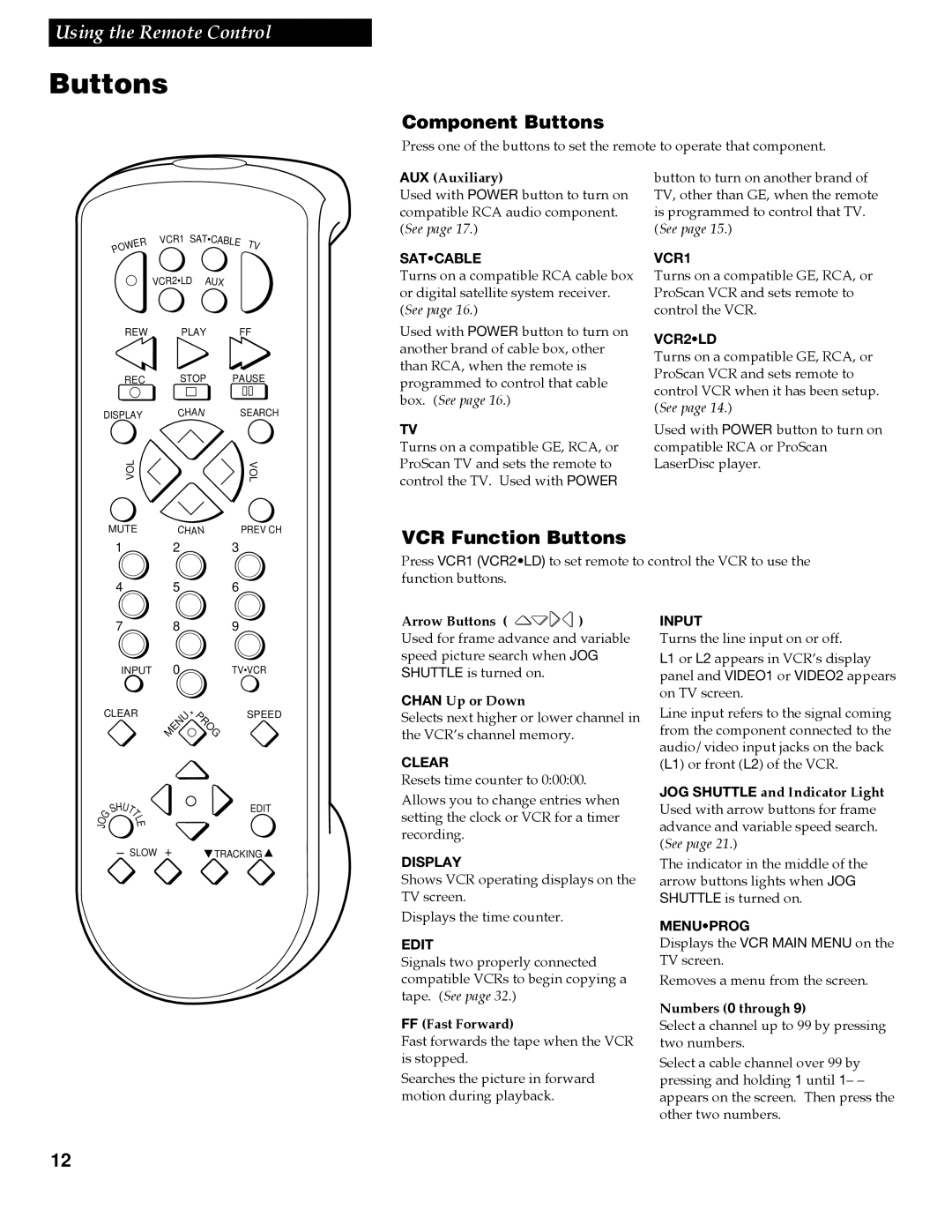 RCA VGM500 manual Component Buttons, VCR Function Buttons 