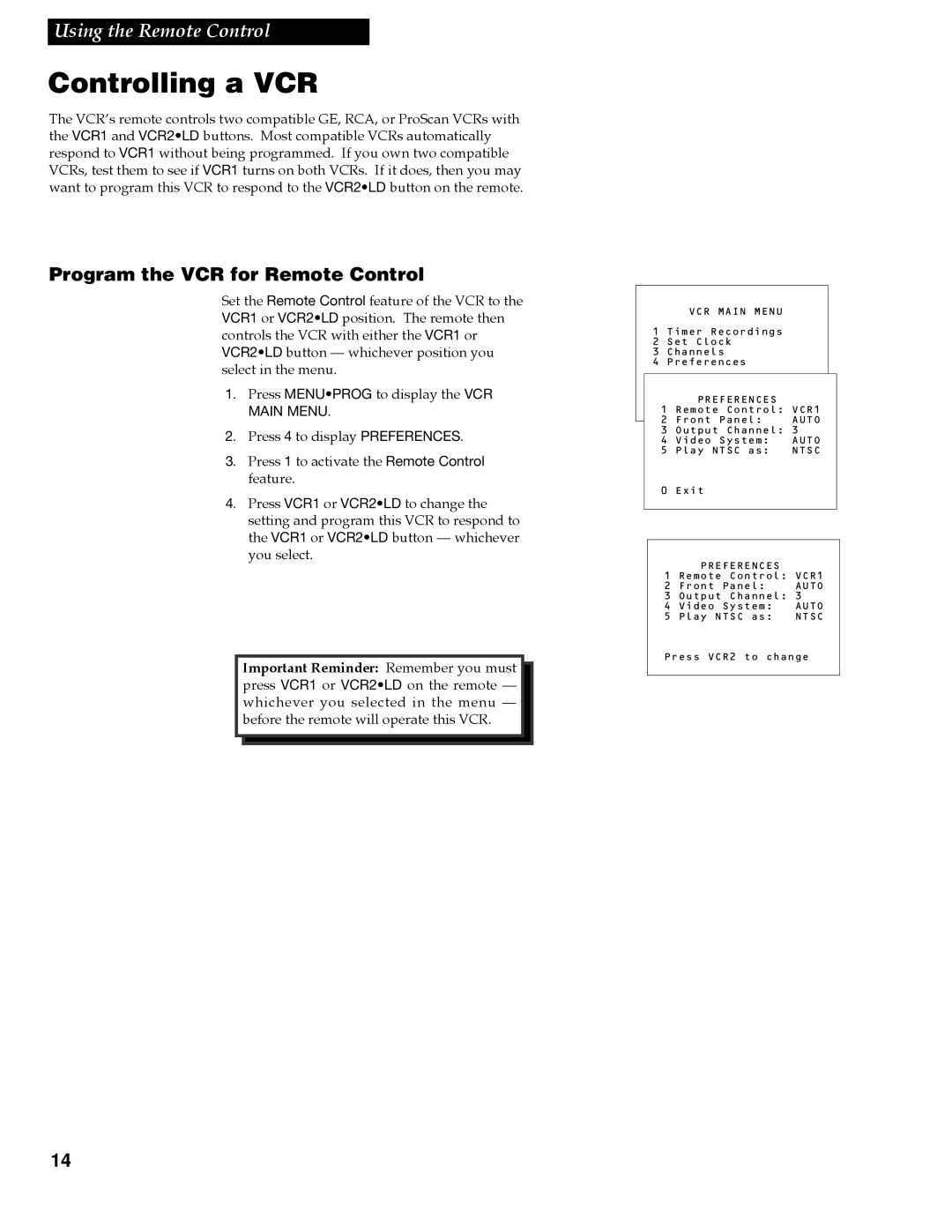 RCA VGM500 manual Controlling a VCR, Program the VCR for Remote Control 