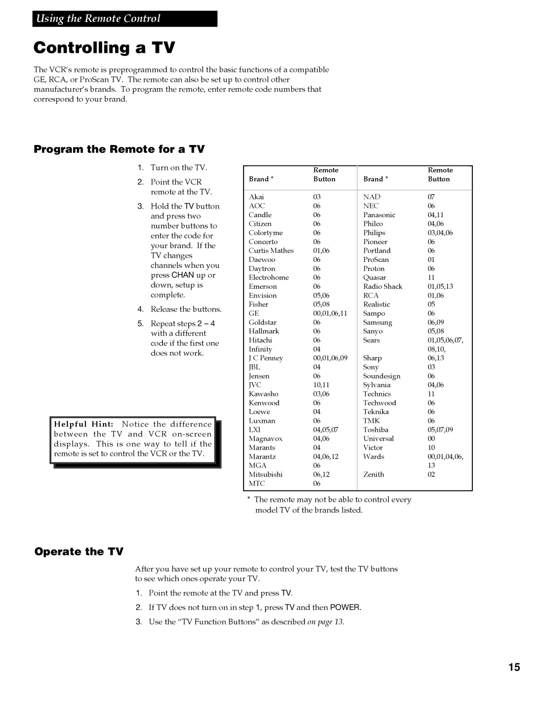 RCA VGM500 manual Controlling a TV, Program the Remote for a TV, Operate the TV 