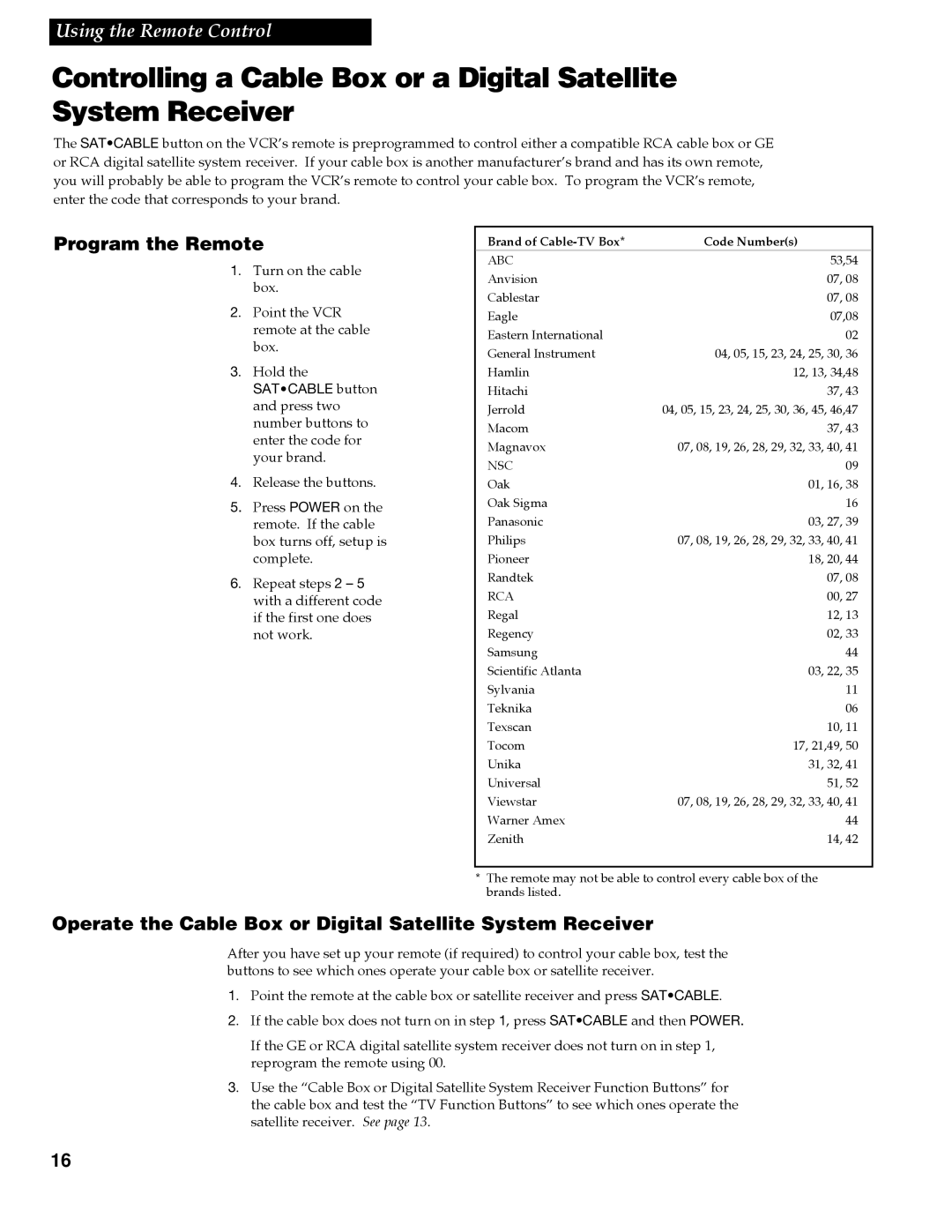 RCA VGM500 manual Program the Remote, Operate the Cable Box or Digital Satellite System Receiver 