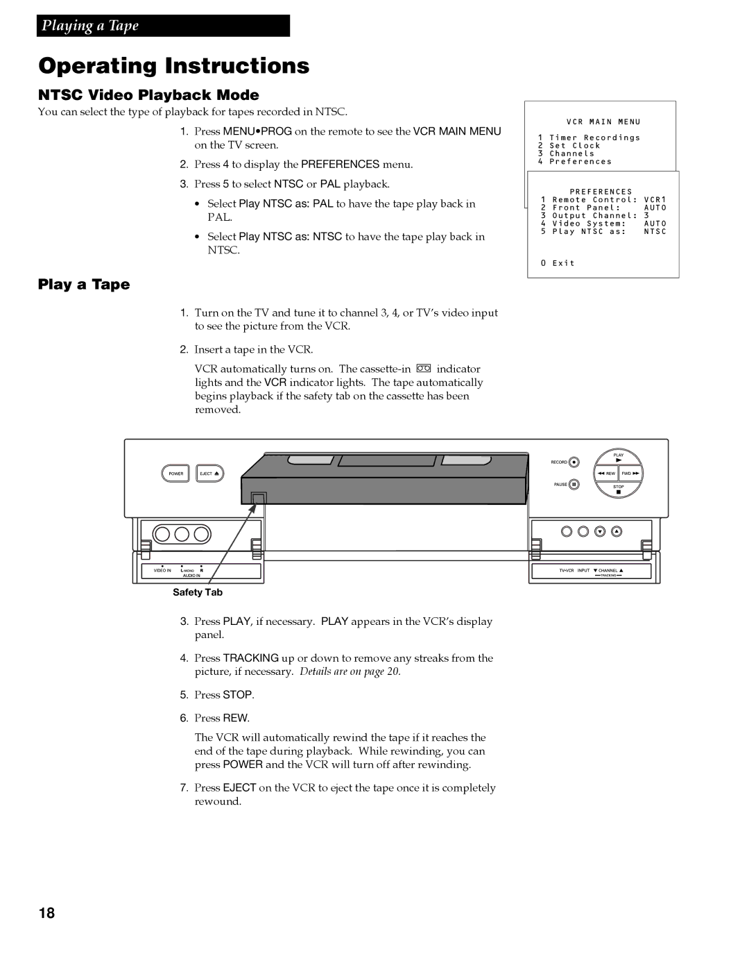 RCA VGM500 manual Operating Instructions, Ntsc Video Playback Mode, Play a Tape 