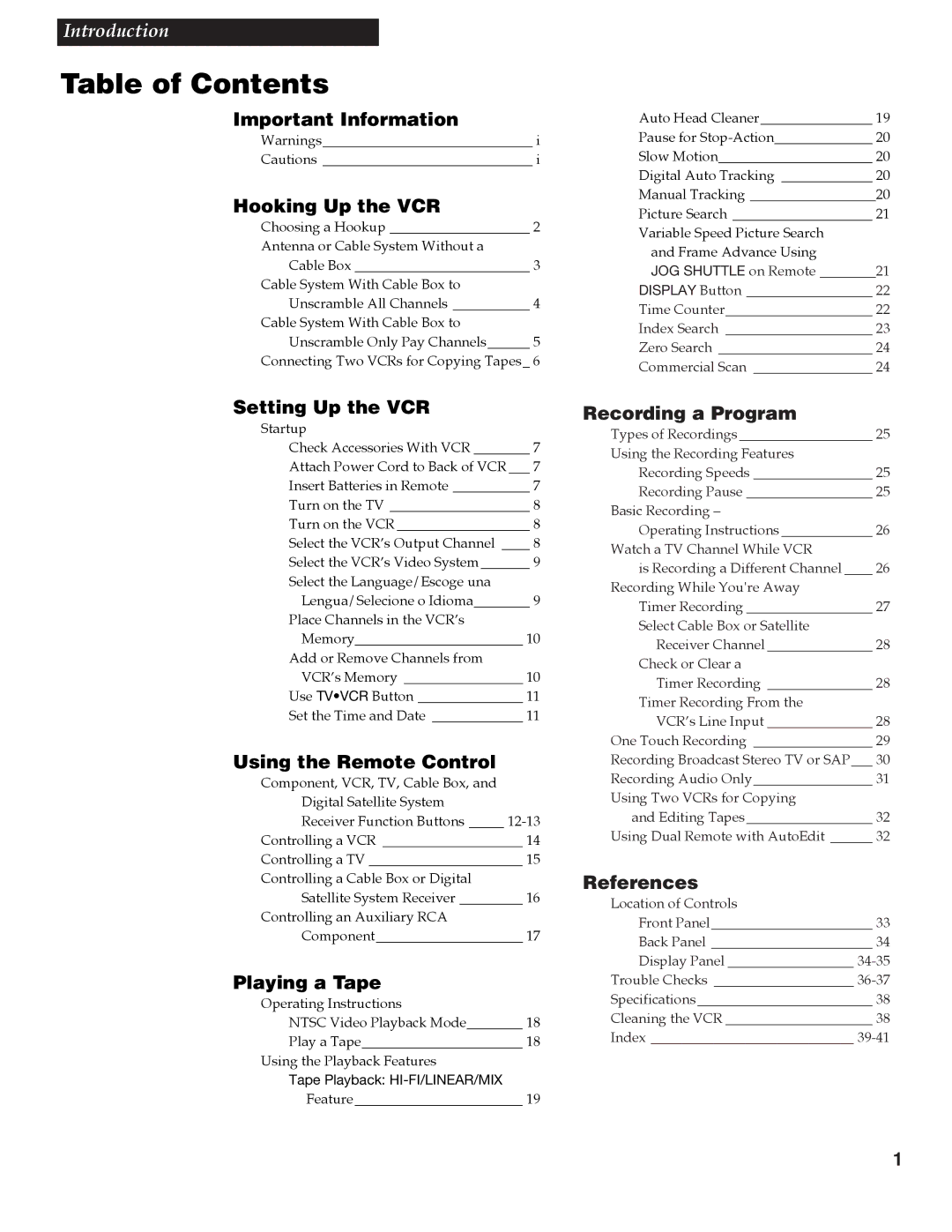 RCA VGM500 manual Table of Contents 